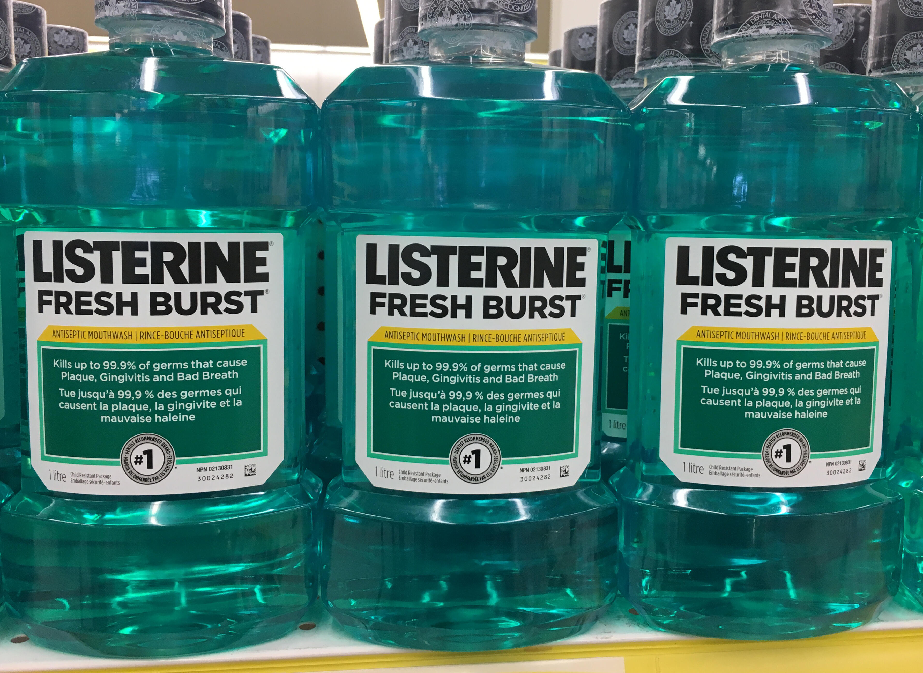 TORONTO, ONTARIO, CANADA - 2016/10/11: Listerine mouthwash in store shelf. Listerine is a brand of antiseptic mouthwash product. It is promoted with the slogan 