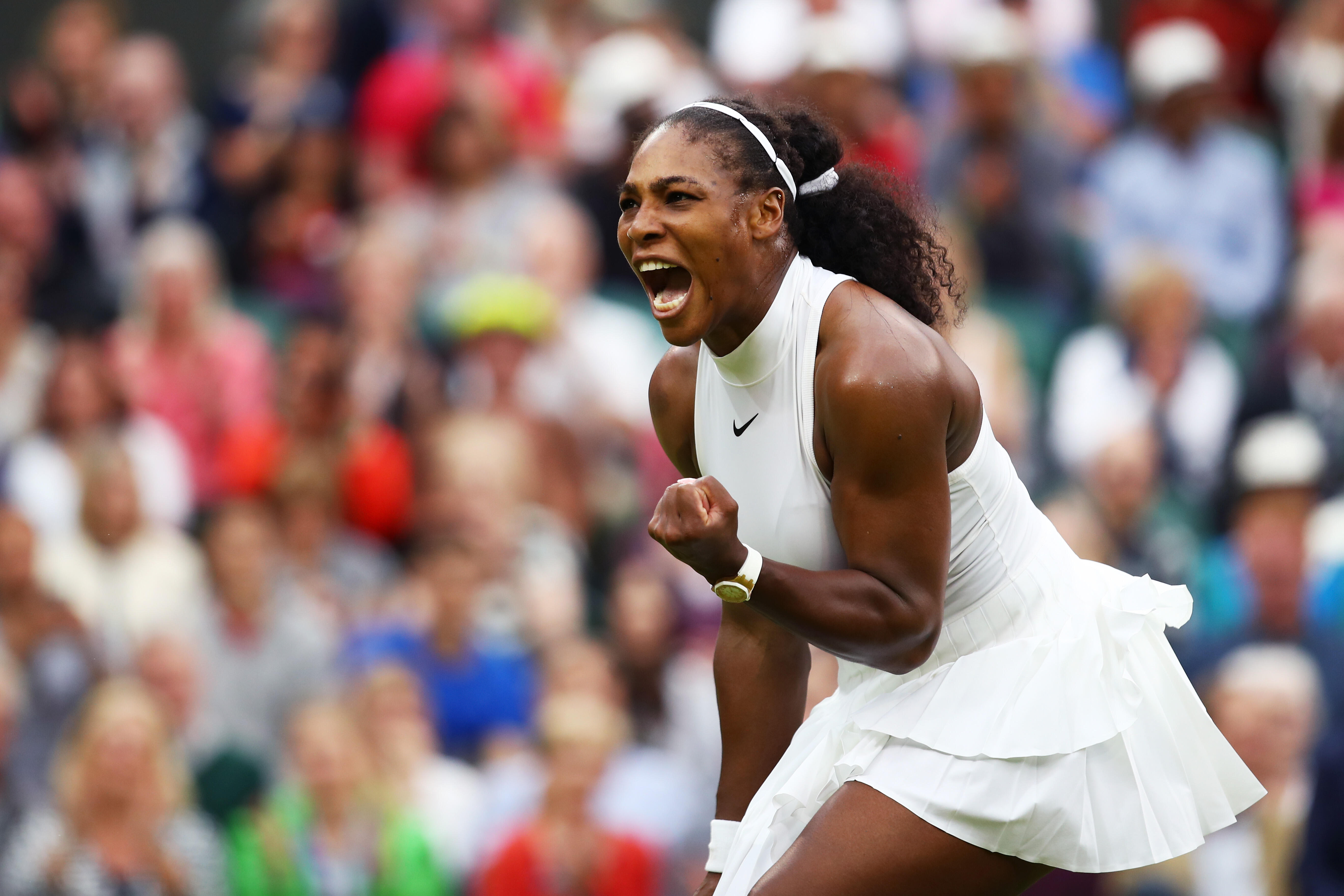 LONDON, ENGLAND - JULY 01:  Serena Williams of The United States celebrates victory during the Ladies Singles second round match against  Christina McHale of the United States on day five of the Wimbledon Lawn Tennis Championships at the All England Lawn 