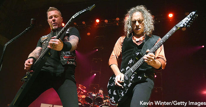 LOS ANGELES, CA - DECEMBER 15:  Musicians James Hetfield (L) and Kirk Hammett of Metallica perform at the Fonda Theatre on December 15, 2016 in Los Angeles, California.  (Photo by Kevin Winter/Getty Images)