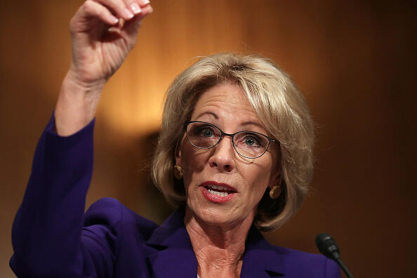 WASHINGTON, DC - JANUARY 17:  Betsy DeVos, President-elect Donald Trump's pick to be the next Secretary of Education, testifies during her confirmation hearing before the Senate Health, Education, Labor and Pensions Committee in the Dirksen Senate Office Building on Capitol Hill  January 17, 2017 in Washington, DC. DeVos is known for her advocacy of school choice and education voucher programs and is a long-time leader of the Republican Party in Michigan.  (Photo by Chip Somodevilla/Getty Images)