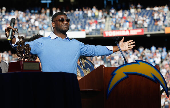 SAN DIEGO, CA - NOVEMBER 22:  Former NFL Player LaDanian Tomlinson has his number retired by the San Diego Chargers during halftime at the game against the Kansas City Chiefs  at Qualcomm Stadium on November 22, 2015 in San Diego, California.  (Photo by Sean M. Haffey/Getty Images)