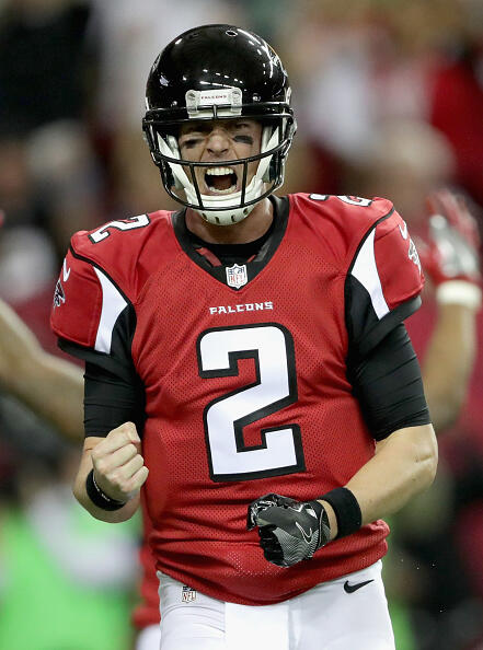 ATLANTA, GA - JANUARY 14:  Matt Ryan #2 of the Atlanta Falcons celebrates after scoring a touchdown against the Seattle Seahawks at the Georgia Dome on January 14, 2017 in Atlanta, Georgia.  (Photo by Streeter Lecka/Getty Images)