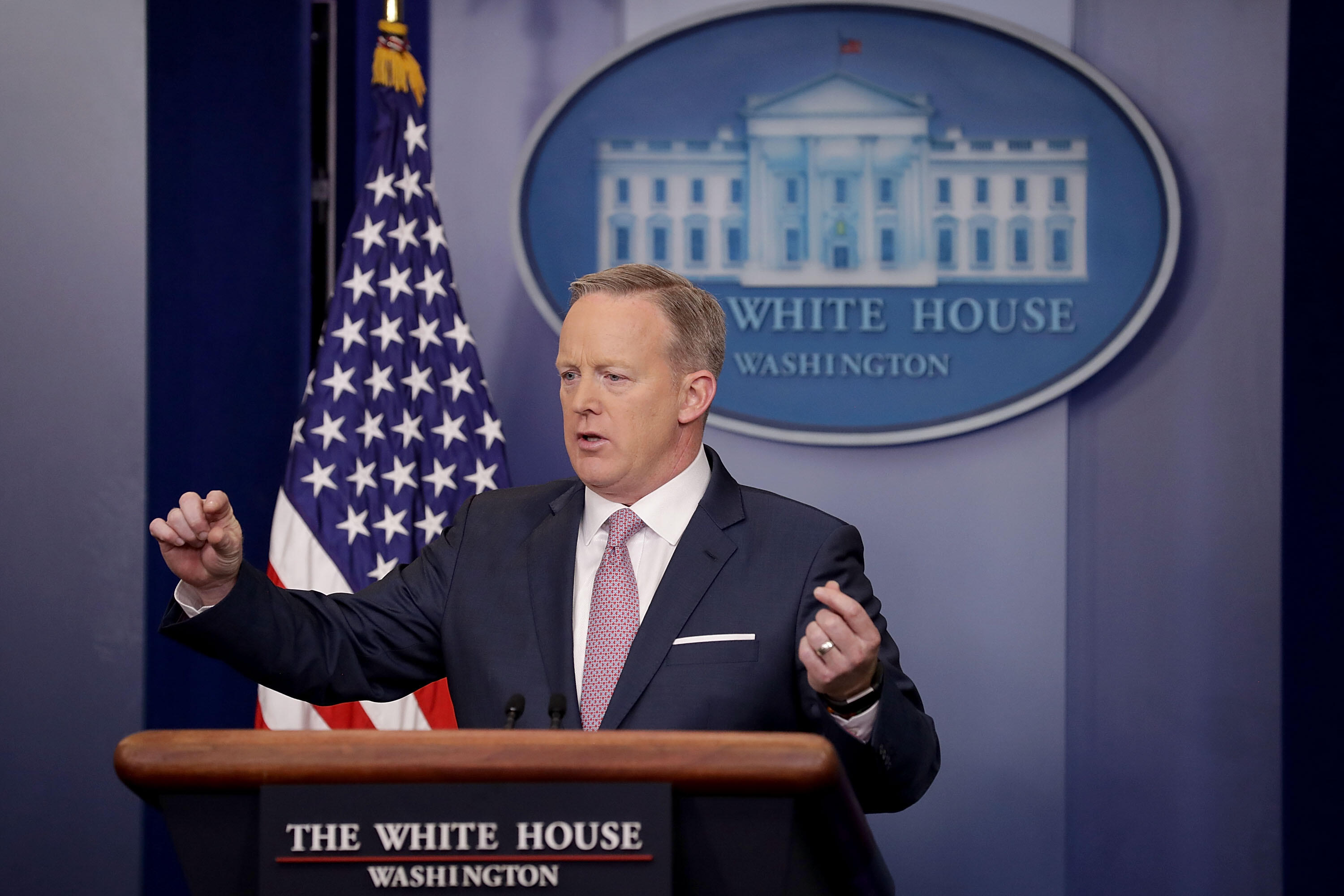 WASHINGTON, DC - JANUARY 23:  White House Press Secretary Sean Spicer holds the daily press briefing in the James Brady Press Briefing Room at the White House January 23, 2017 in Washington, DC. Other than delivering a statement on Saturday critical of re