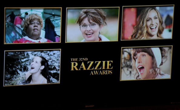 The nominees in the Worst Actress category are displayed on stage at the 32 annual Golden Raspberry or Razzies Awards, April 1, 2012 in Santa Monica, California.  Top row from left: Martin Lawrence as 