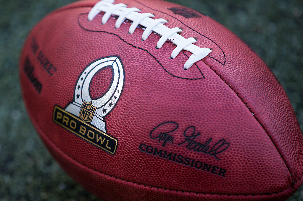 HONOLULU, HI -  SUNDAY, JANUARY 31:  The Pro Bowl logo on a football during the second half of the 2016 NFL Pro Bowl at Aloha Stadium on January 31, 2016 in Honolulu, Hawaii.Team Irvin defeated Team Rice 49-27.  (Photo by Kent Nishimura/Getty Images)