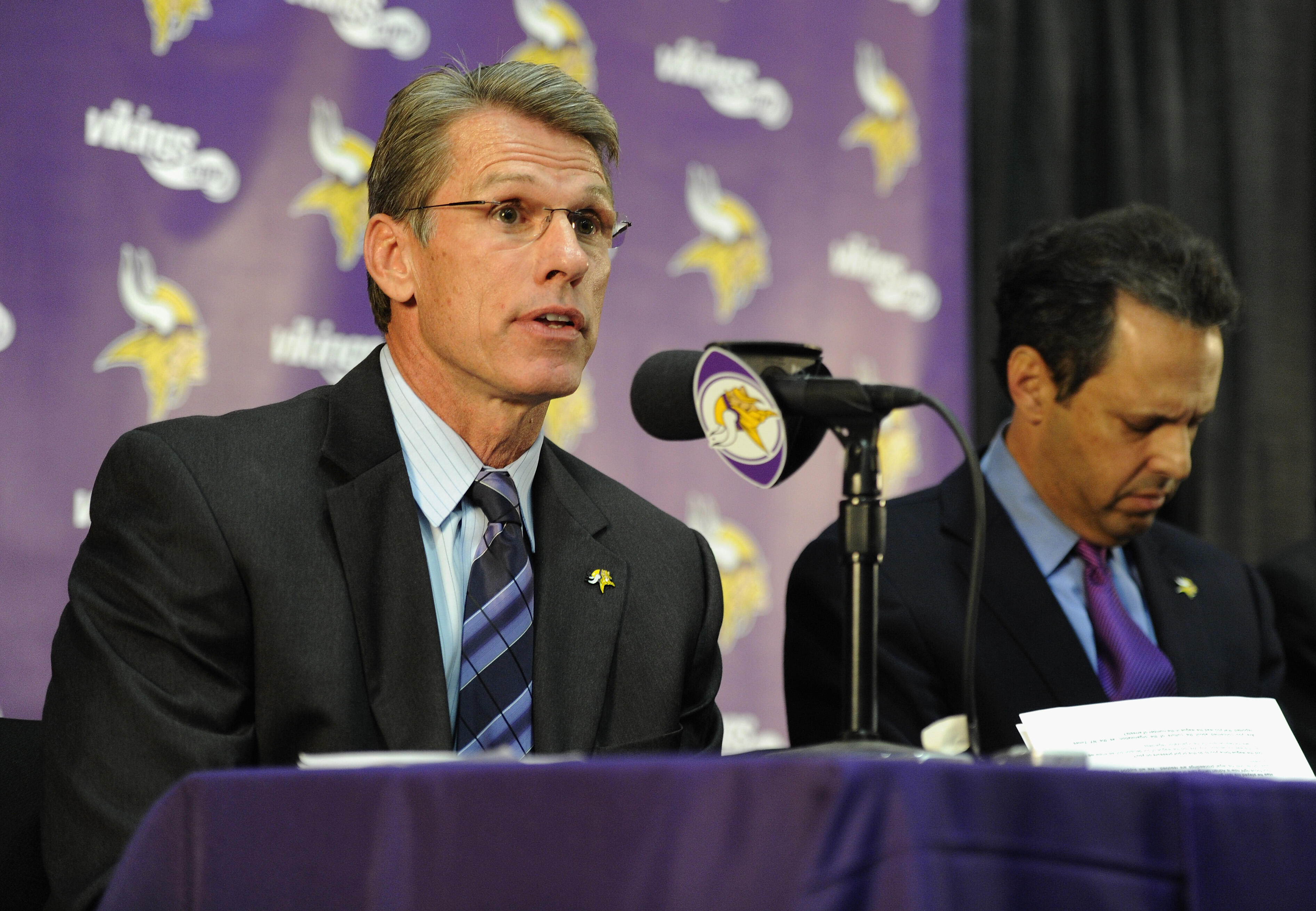 EDEN PRAIRIE, MN - SEPTEMBER 17: General Manager Rick Spielman and Owner Mark Wilf of the Minnesota Vikings speaks to the media during a press conference on September 17, 2014 at Winter Park in Eden Prairie, Minnesota. The Vikings addressed their decision