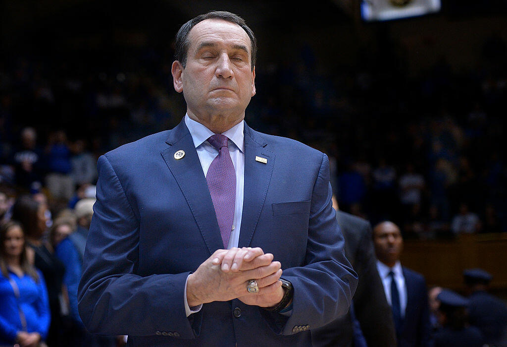 DURHAM, NC - JANUARY 04:  Head coach Mike Krzyzewski of the Duke Blue Devils waits for the start of the game against the Georgia Tech Yellow Jackets at Cameron Indoor Stadium on January 4, 2017 in Durham, North Carolina.  (Photo by Grant Halverson/Getty Images)