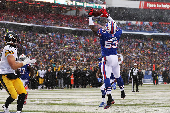 ORCHARD PARK, NY - DECEMBER 11:   Zach Brown #53 of the Buffalo Bills makes an interception against the Pittsburgh Steelers resulting in a touchback during the second half at New Era Field on December 11, 2016 in Orchard Park, New York.  (Photo by Michael Adamucci/Getty Images)