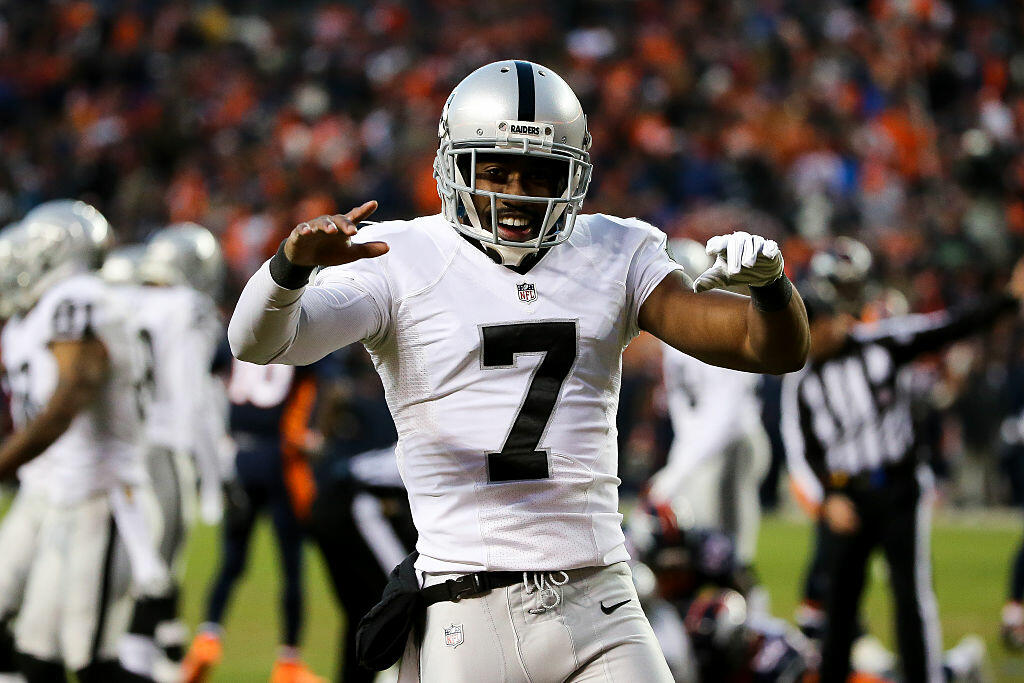 DENVER, CO - DECEMBER 13:  Punter Marquette King #7 of the Oakland Raiders celebrates after the Raiders recovered a fumble on a punt return attempt in the fourth quarter of a game at Sports Authority Field at Mile High on December 13, 2015 in Denver, Colorado. (Photo by Doug Pensinger/Getty Images)