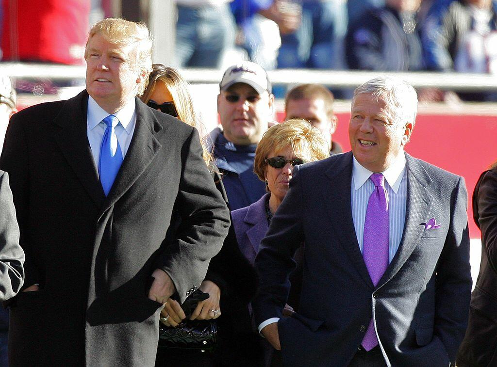 FOXBORO, MA - JANUARY 07:  (L-R) Donald Trump and owner of the New England Patriots Robert Kraft stand on the sidelines before the AFC Wild Card Playoff Game against the New York Jets at Gillette Stadium on January 7, 2007 in Foxboro, Massachusetts.  (Pho