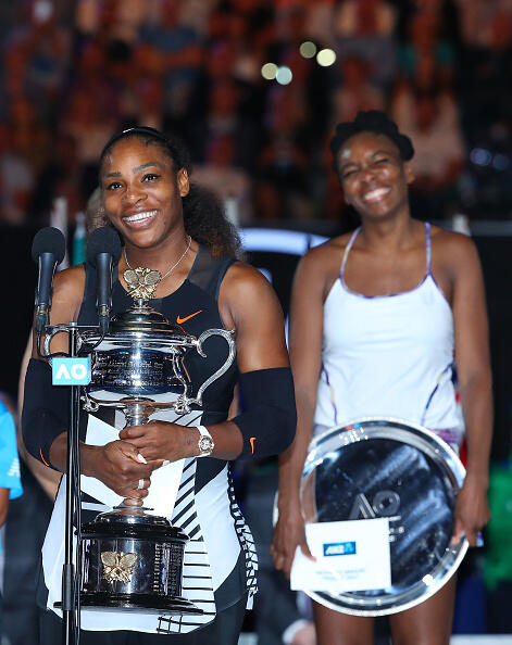 MELBOURNE, AUSTRALIA - JANUARY 28:  Serena Williams poses with the Daphne Akhurst Trophy after winning the Women's Singles Final against Venus Williams of the United States, posing with the runners up trophy on day 13 of the 2017 Australian Open at Melbourne Park on January 28, 2017 in Melbourne, Australia.  (Photo by Scott Barbour/Getty Images)