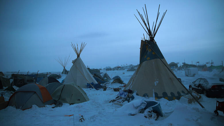 CANNON BALL, ND - DECEMBER 06:  Activists at Oceti Sakowin near the Standing Rock Sioux Reservation brace for sub-zero temperatures expected overnight on December 6, 2016 outside Cannon Ball, North Dakota. Native Americans and activists from around the co