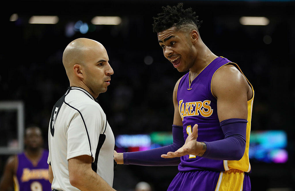 SACRAMENTO, CA - DECEMBER 12:  D'Angelo Russell #1 of the Los Angeles Lakers questions a call by referee Aaron Smith during their game against the Sacramento Kings at Golden 1 Center on December 12, 2016 in Sacramento, California.  NOTE TO USER: User expressly acknowledges and agrees that, by downloading and or using this photograph, User is consenting to the terms and conditions of the Getty Images License Agreement.  (Photo by Ezra Shaw/Getty Images)