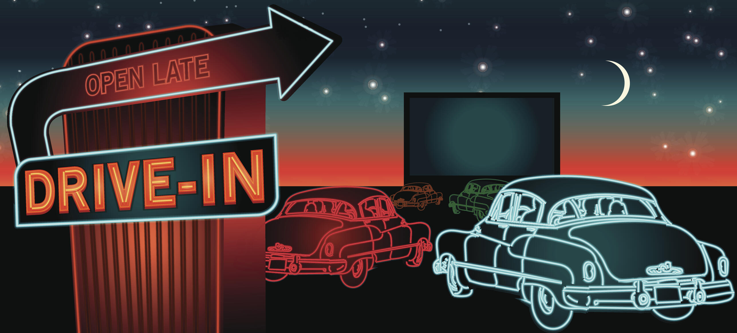 Classic Drive-In Theatre with cars and  neon sign