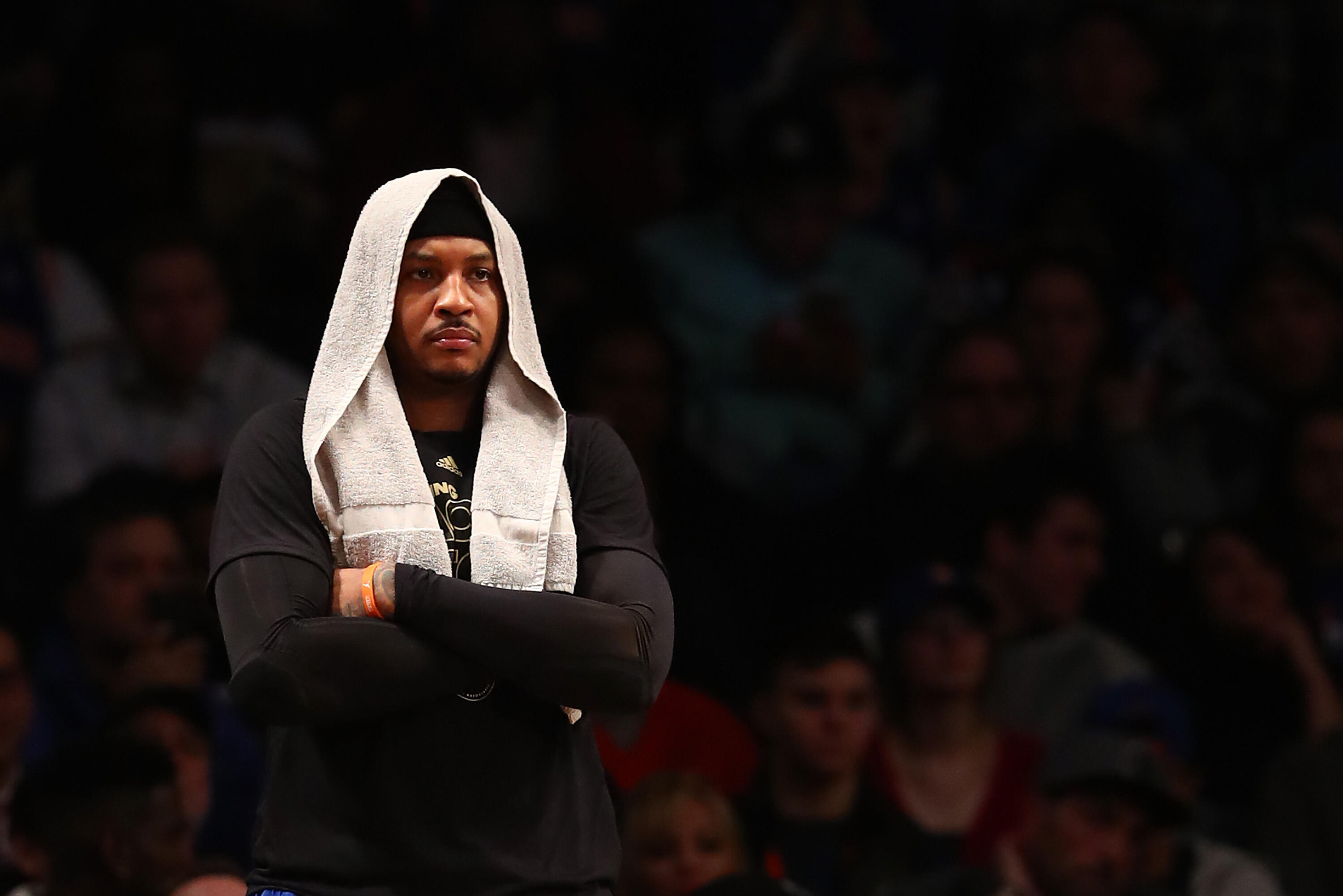 NEW YORK, NY - FEBRUARY 01:  Carmelo Anthony #7 of the New York Knicks looks on late in the final Quarter of their 95-90 win against the Brooklyn Nets  at the Barclays Center on February 1, 2017 in New York City.  NOTE TO USER: User expressly acknowledges