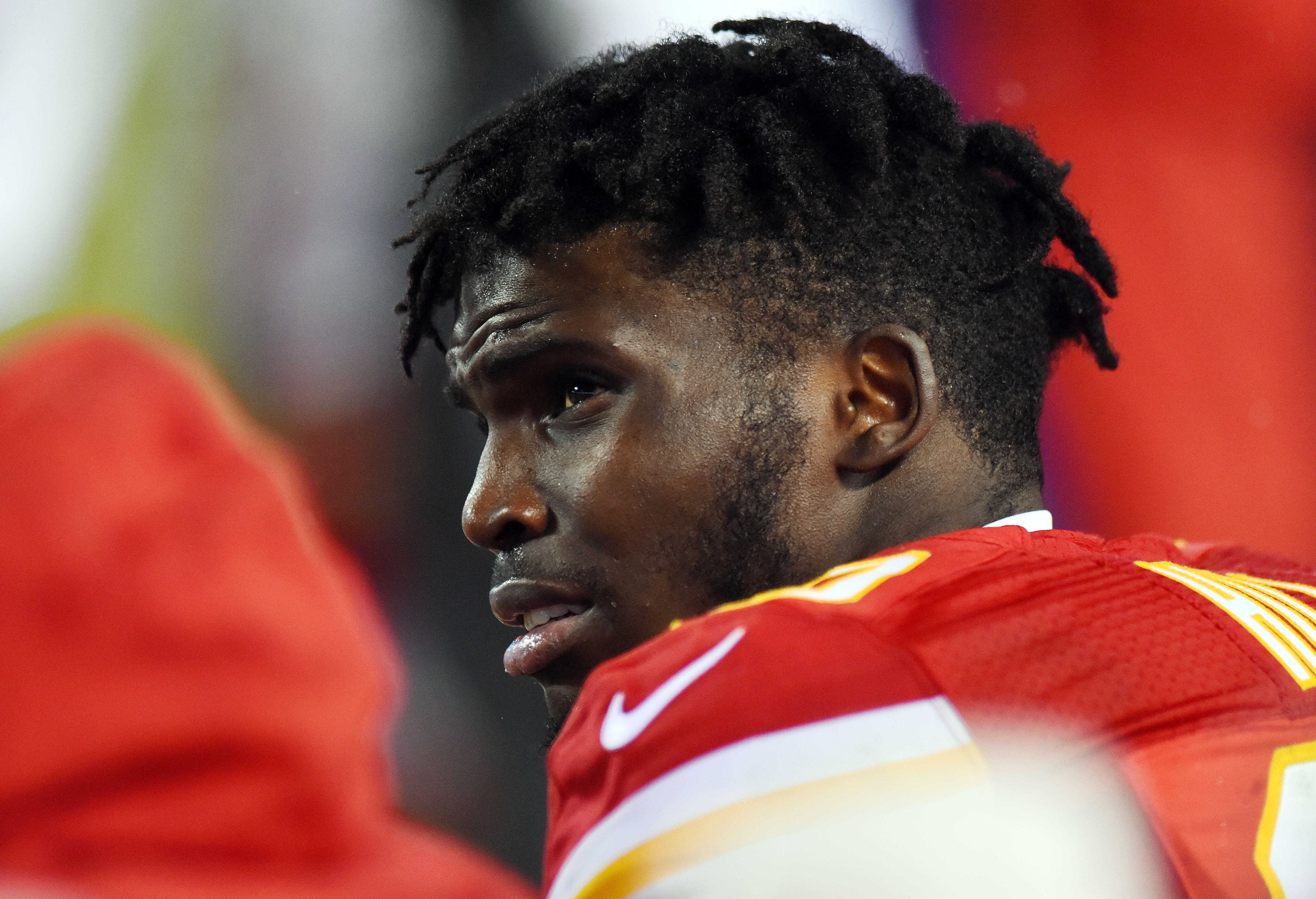 KANSAS CITY, MO - DECEMBER 25:  Tyreek Hill #10 of the Kansas City Chiefs watches a reply from the bench after scoring during the 1st quarter of the game against the Denver Broncos at Arrowhead Stadium on December 25, 2016 in Kansas City, Missouri.  (Phot