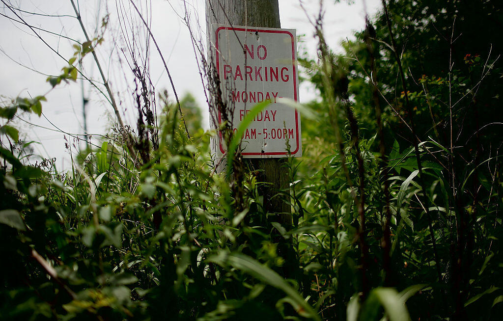 NEW ORLEANS, LA - MAY 12: A 'No Parking' sign stands amidst overgrowth in the Lower Ninth Ward on May 12, 2015 in New Orleans, Louisiana. The area was heavily damaged during Hurricane Katrina and some formerly inhabited sections have been overtaken by nature. The tenth anniversary of Hurricane Katrina, which killed at least 1836 and is considered the costliest natural disaster in U.S. history, is August 29. (Photo by Mario Tama/Getty Images)