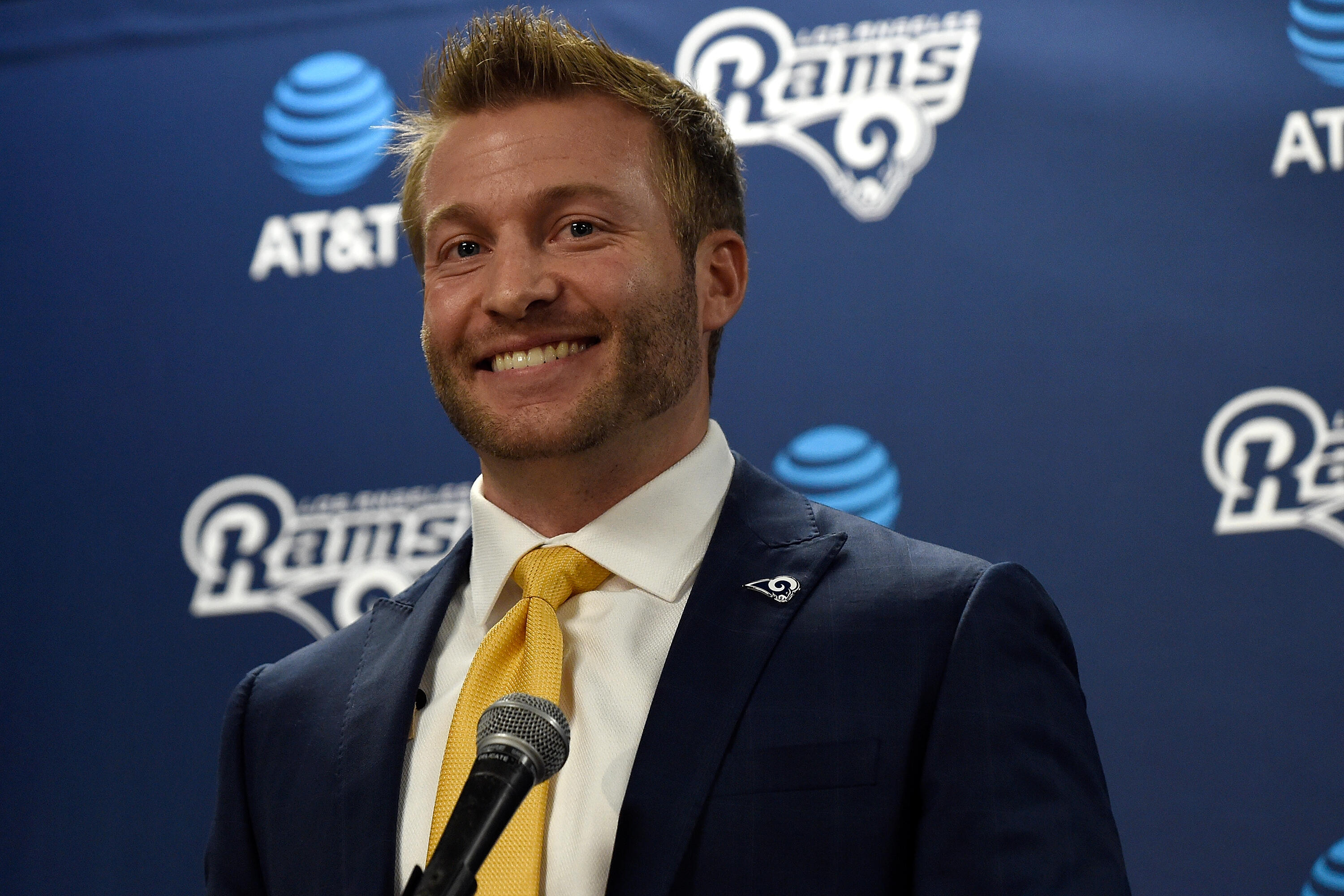 THOUSAND OAKS, CA - JANUARY 13:  The Los Angeles Rams announce today in a press conference the hiring of new head coach Sean McVay on January 13, 2017 in Thousand Oaks, California. McVay is the youngest head coach in NFL history.  (Photo by Lisa Blumenfel