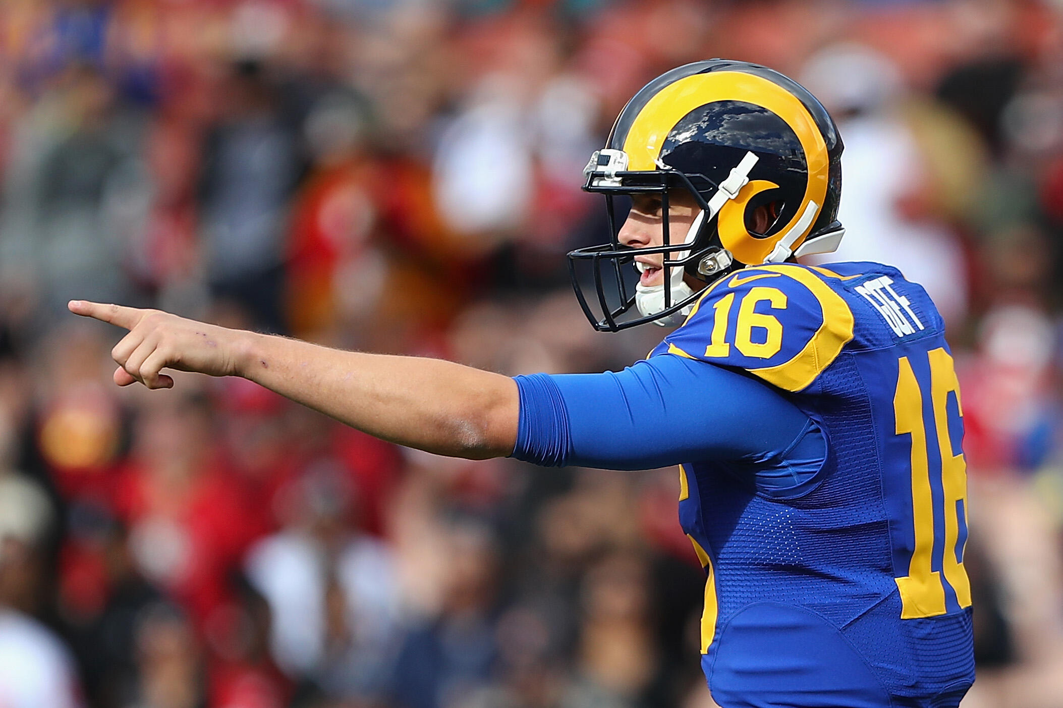 LOS ANGELES, CA - DECEMBER 24:  Jared Goff #16 of the Los Angeles Rams gestures during the game against the San Francisco 49ers at Los Angeles Memorial Coliseum on December 24, 2016 in Los Angeles, California.  (Photo by Tim Bradbury/Getty Images)