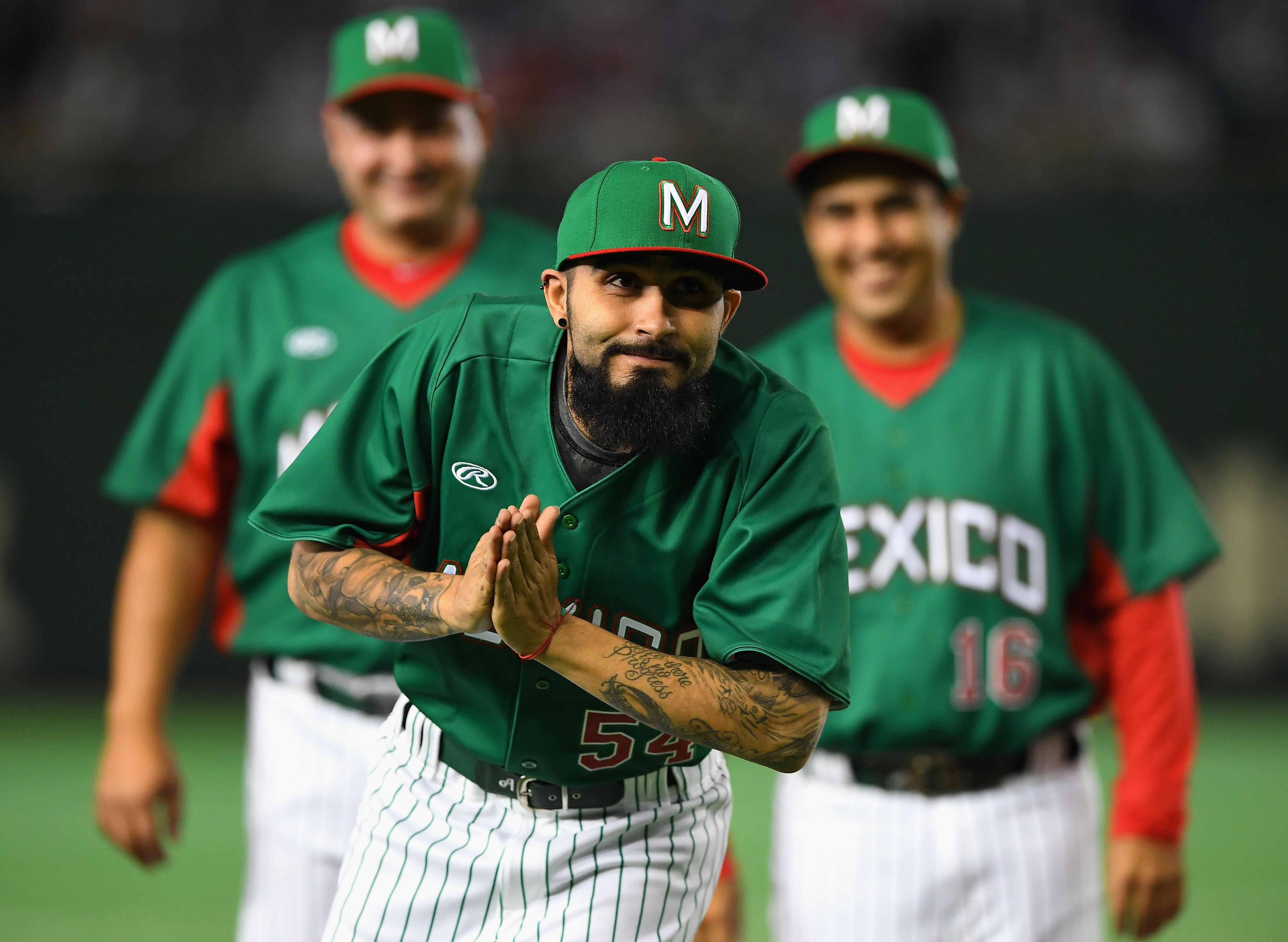 TOKYO, JAPAN - NOVEMBER 10:  Pitcher Sergio Romo #54 of Mexico is introduced prior to the international friendly match between Japan and Mexico at the Tokyo Dome on November 10, 2016 in Tokyo, Japan.  (Photo by Masterpress/Getty Images)