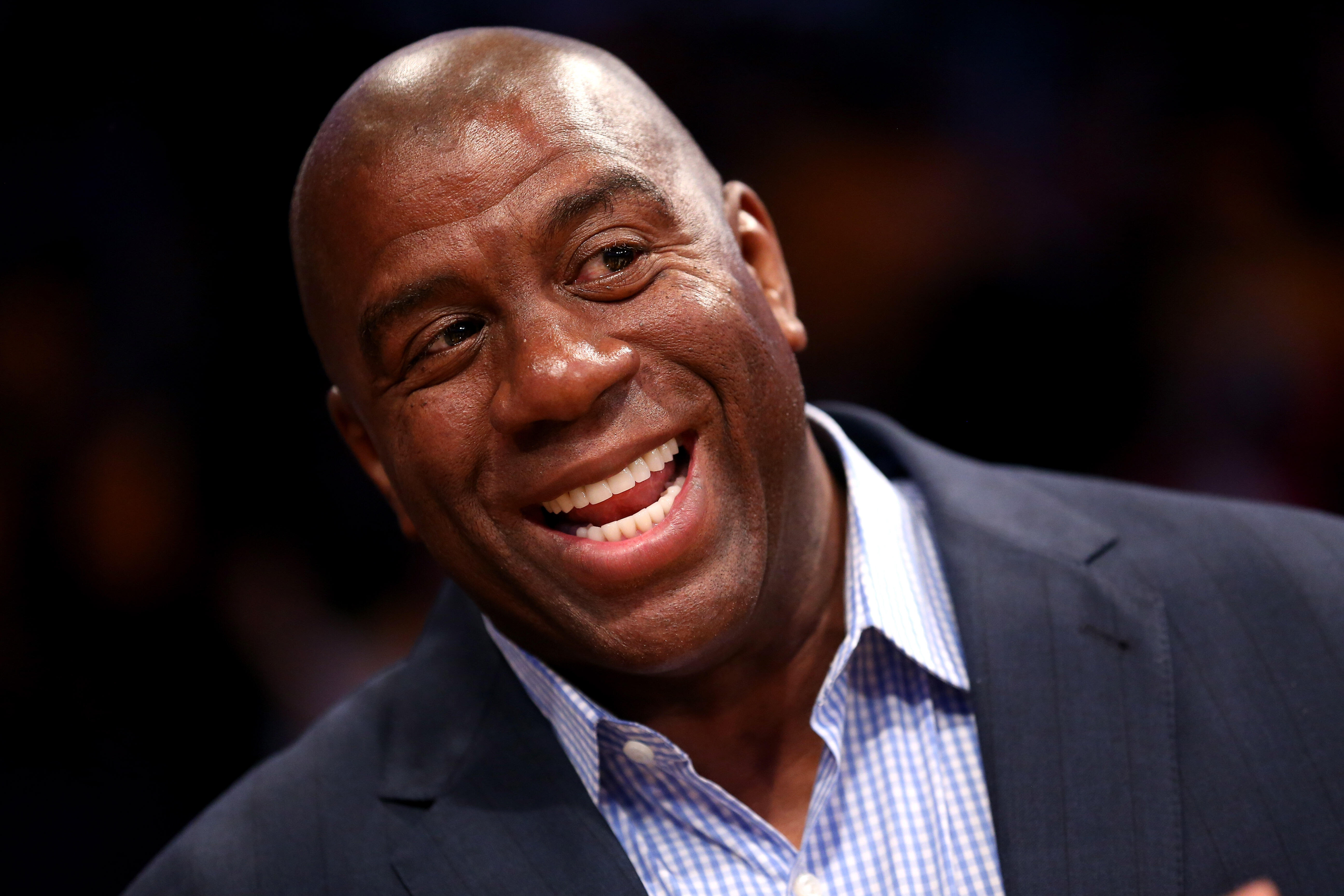 LOS ANGELES, CA - OCTOBER 30:   Los Angeles Lakers Hall of Fame player and current part owner of the Los Angeles Dodgers Magic Johnson attends the game with the Dallas Mavericks at Staples Center on October 30, 2012 in Los Angeles, California.  The Maveri