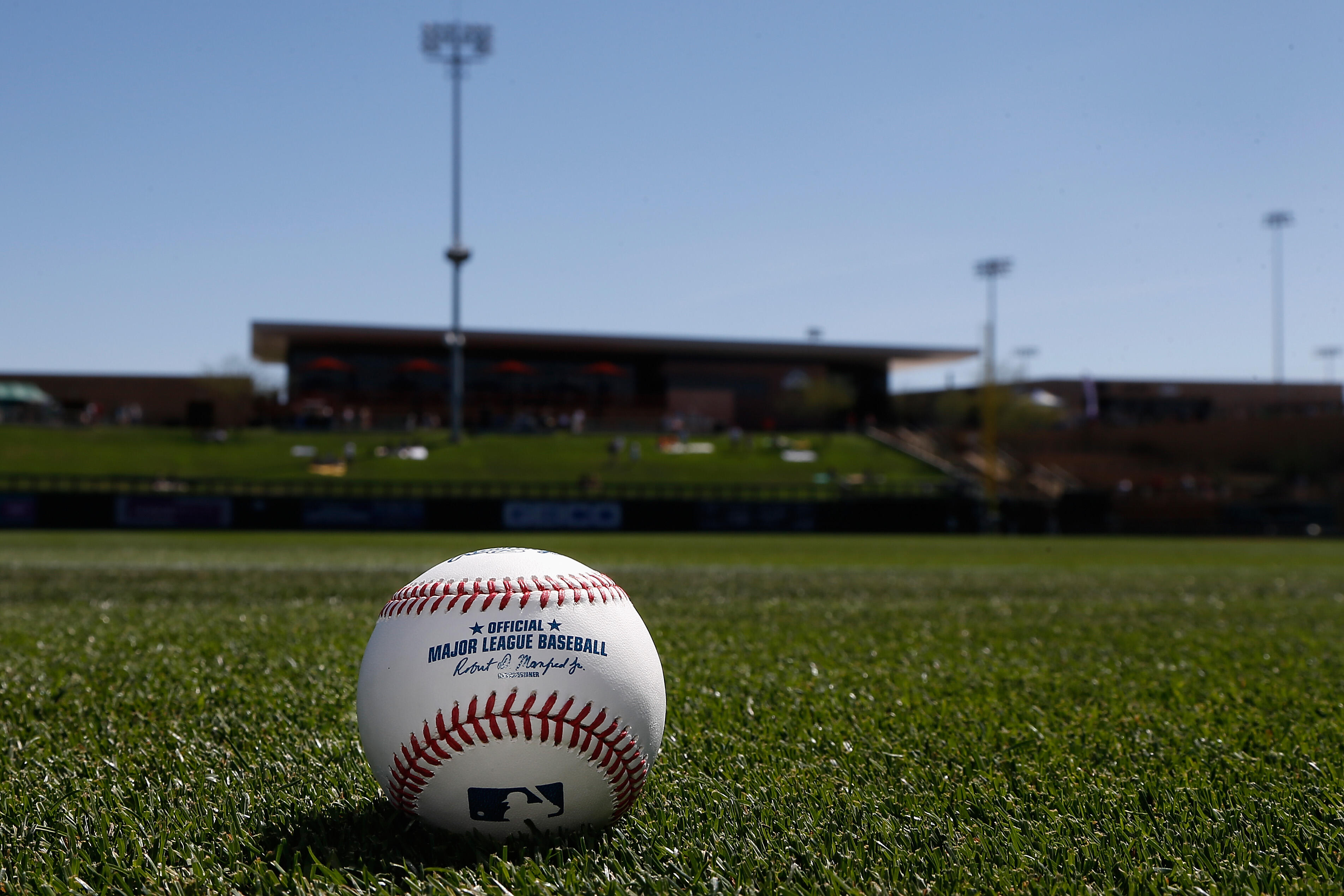 SCOTTSDALE, AZ - MARCH 04:  Detail of a MLB basball on the field before the spring training game between the Oakland Athletics and the Arizona Diamondbacks at Salt River Fields at Talking Stick on March 4, 2016 in Scottsdale, Arizona.  (Photo by Christian