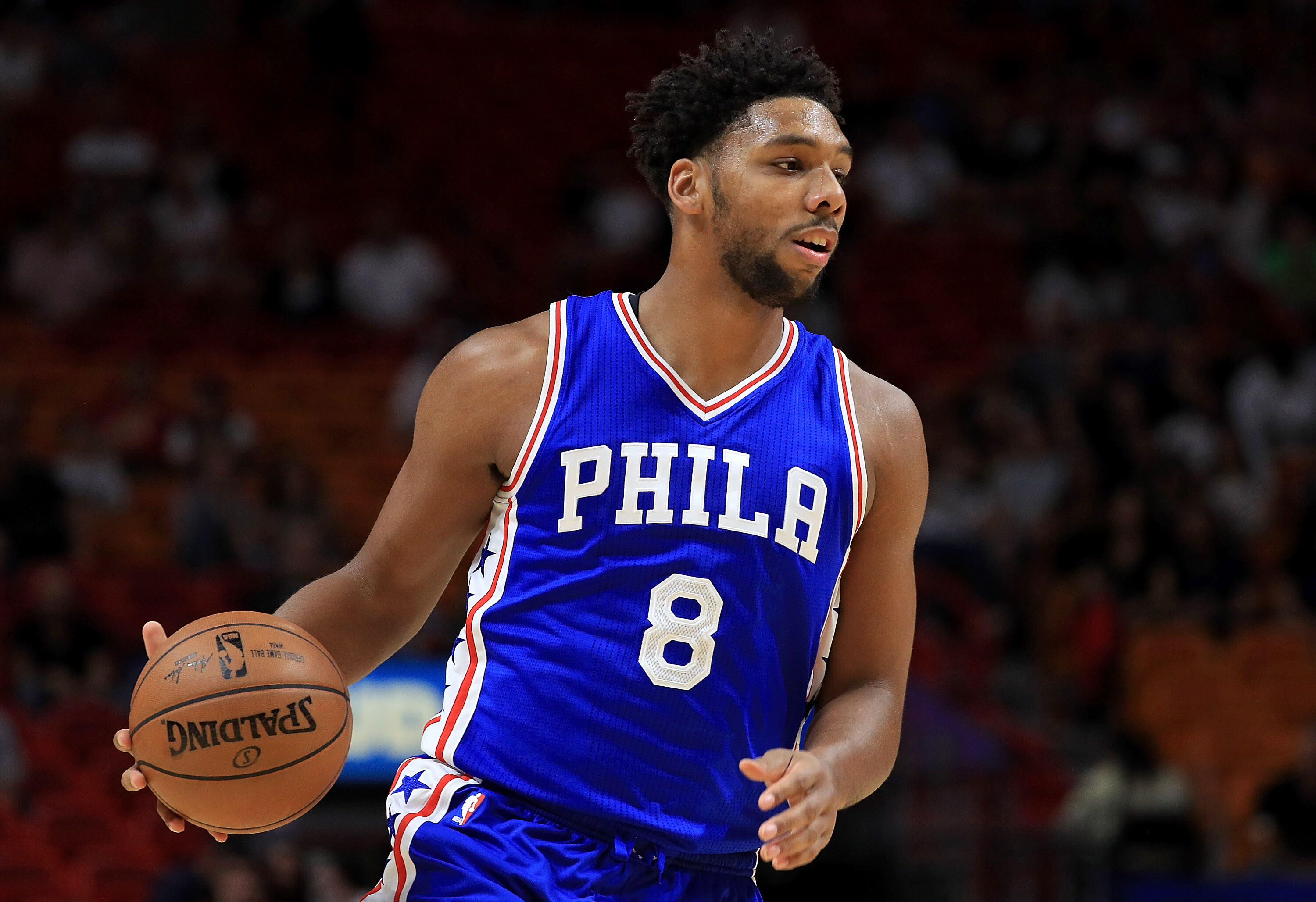 MIAMI, FL - OCTOBER 21: Jahlil Okafor #8 of the Philadelphia 76ers looks to pass during a preseason game against the Miami Heat at American Airlines Arena on October 21, 2016 in Miami, Florida.  (Photo by Mike Ehrmann/Getty Images)