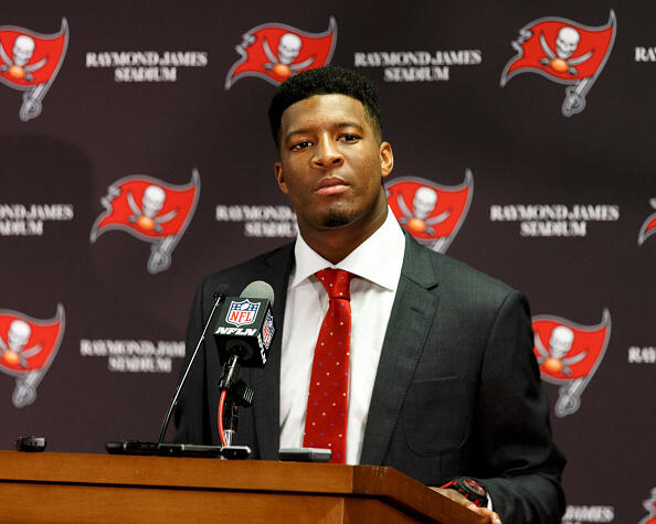 TAMPA, FL - JANUARY 1: Quarterback Jameis Winston #3 of the Tampa Bay Buccaneers attends a press conference after the game against the Carolina Panthers at Raymond James Stadium on January 1, 2017 in Tampa, Florida. The Buccaneers defeated the Panthers 17 to 16. (Photo by Don Juan Moore/Getty Images)