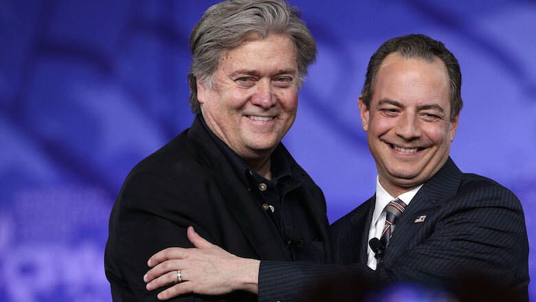 NATIONAL HARBOR, MD - FEBRUARY 23:  White House Chief of Staff Reince Priebus (R) and White House Chief Strategist Steve Bannon (L) arrive on stage for a conversation during the Conservative Political Action Conference at the Gaylord National Resort and C