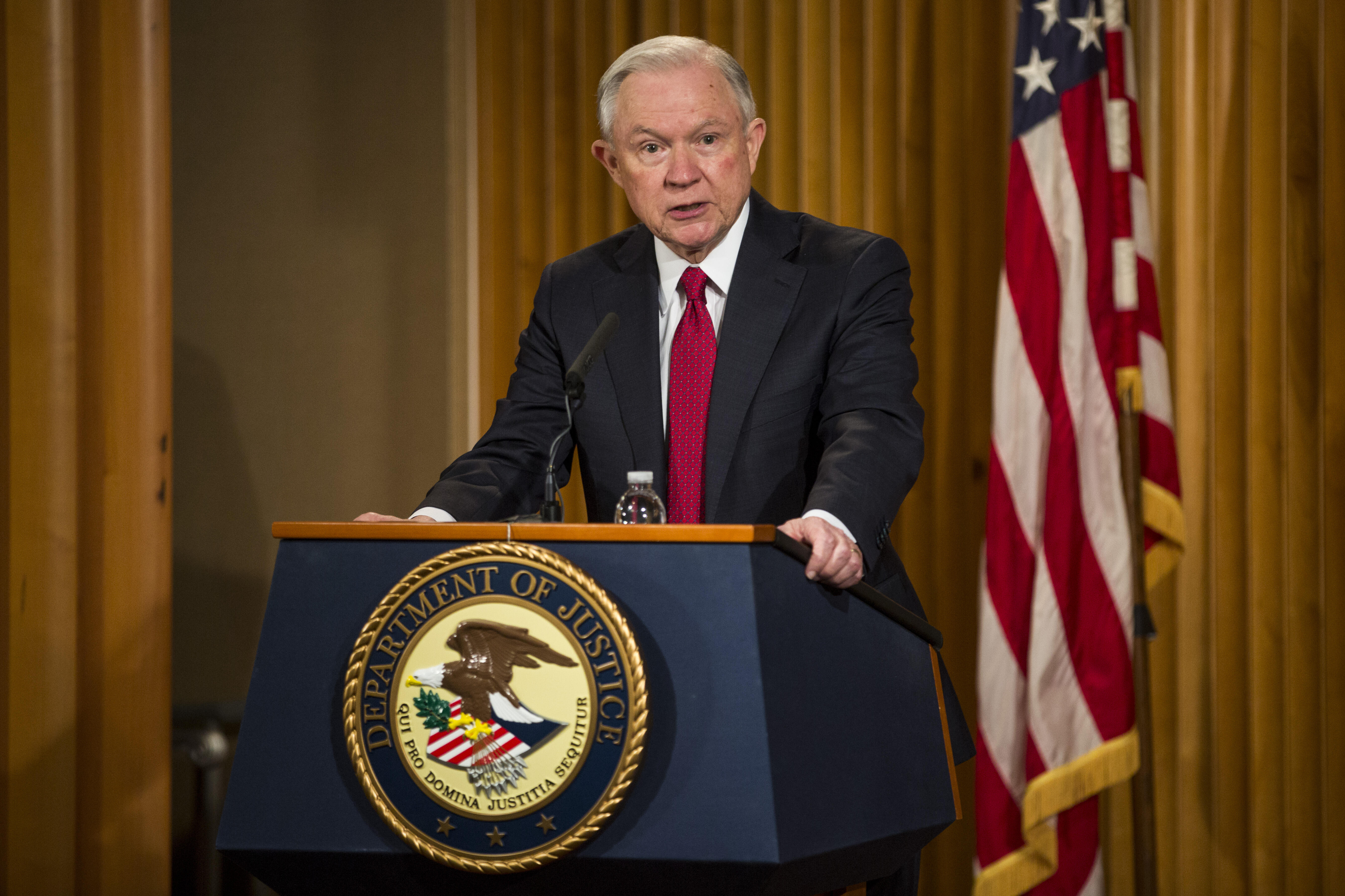 WASHINGTON, D.C. - FEBRUARY 28: U.S. Attorney General Jeff Sessions delivers remarks at the Justice Department's 2017 African American History Month Observation at the Department of Justice on February 28, 2017 in Washington, D.C. The event also included 