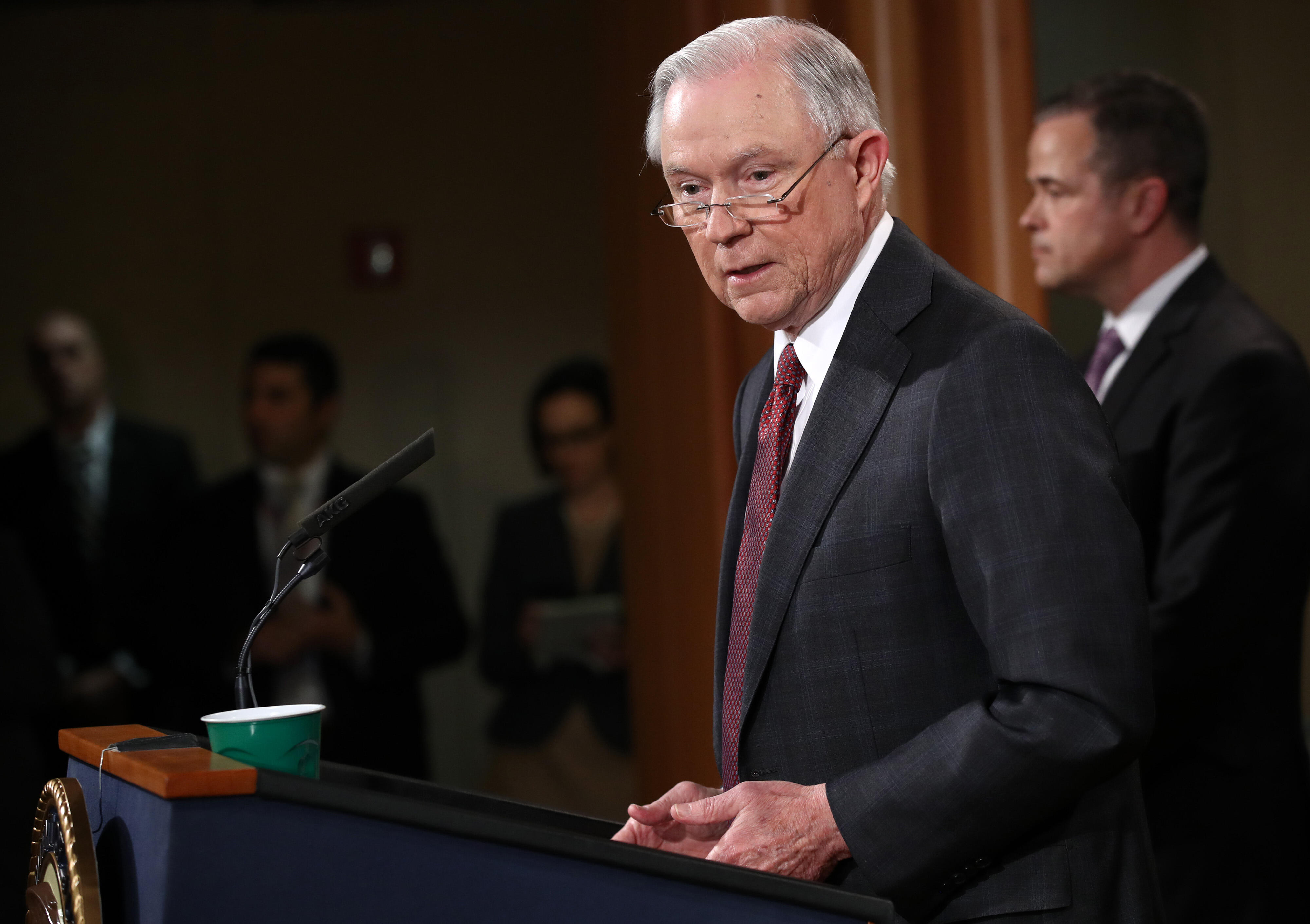 WASHINGTON, DC - MARCH 02:   U.S. Attorney General Jeff Sessions speaks during a press conference at  the Department of Justice on March 2, 2017 in Washington, DC.   Sessions addressed the calls for him to recuse himself from Russia investigations  after 