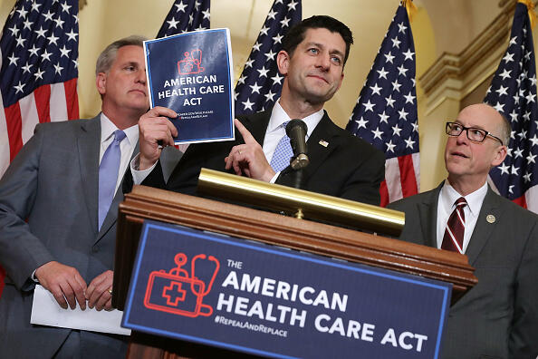 WASHINGTON, DC - MARCH 07:  Speaker of the House Paul Ryan (R-WI) (C) holds up a copy of the American Health Care Act during a news conference with House Majority Leader Kevin McCarthy (R-CA) (L) and House Energy and Commerce Committee Chairman Greg Walden (R-OR) outside Ryan's office in the U.S. Capitol March 7, 2017 in Washington, DC. The House Republican leadership's plan to repeal and replace Obamacare, the American Health Care Act is already facing opposition from conservatives in the House and Senate.  (Photo by Chip Somodevilla/Getty Images)