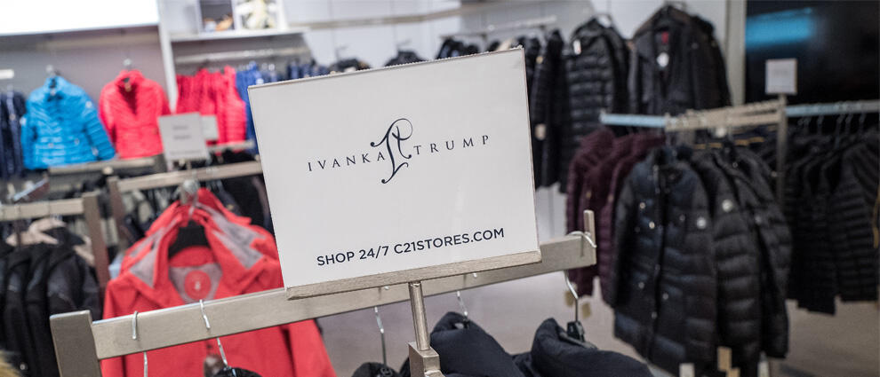 NEW YORK, NY - FEBRUARY 10: A sign for Ivanka Trump brand is displayed atop a rack of Ivanka Trump brand coats for sale at the Century 21 department store February 10, 2017 in New York City. According to a market research firm Slice Intelligence, Ivanka T