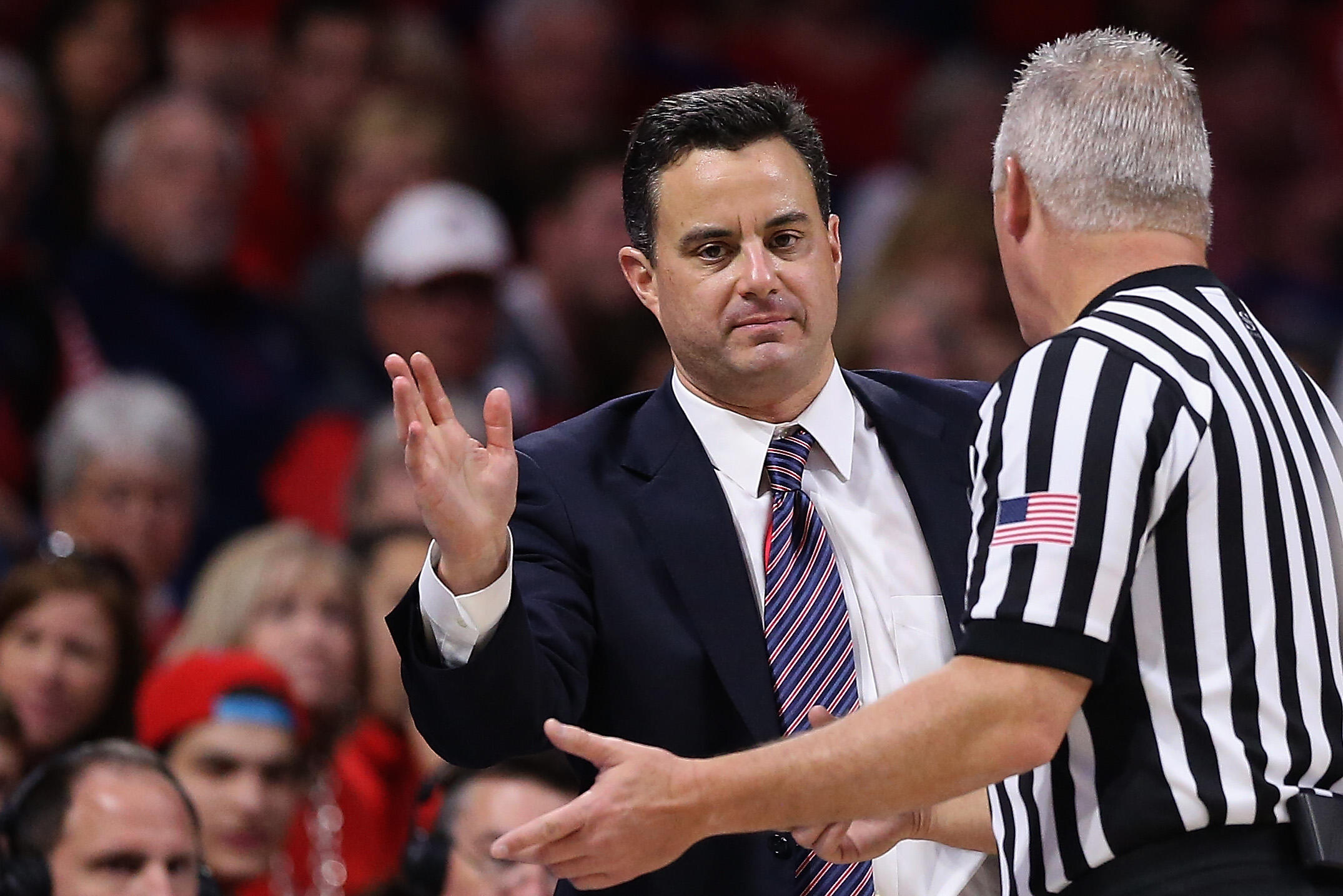 TUCSON, AZ - JANUARY 29:  Head coach Sean Miller of the Arizona Wildcats reacts to a referee during the first half of the college basketball game against the Washington Huskies at McKale Center on January 29, 2017 in Tucson, Arizona.  (Photo by Christian 