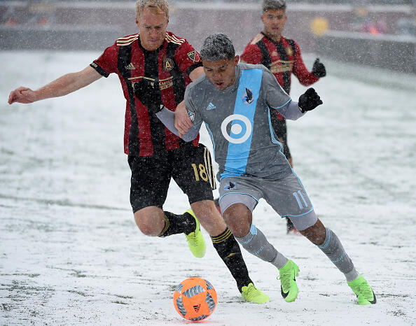 MINNEAPOLIS, MN - MARCH 12: Johan Venegas #11 of Minnesota United FC controls the ball against Jeff Larentowicz #18 of Atlanta United FC during the first half of the match on March 12, 2017 at TCF Bank Stadium in Minneapolis, Minnesota. (Photo by Hannah Foslien/Getty Images)