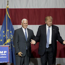 WESTFIELD, IN - JULY 12:   Republican presidential candidate Donald Trump greets Indiana Gov. Mike Pence at the Grand Park Events Center on July 12, 2016 in Westfield, Indiana. Trump is campaigning amid speculation he may select Indiana Gov. Mike Pence as