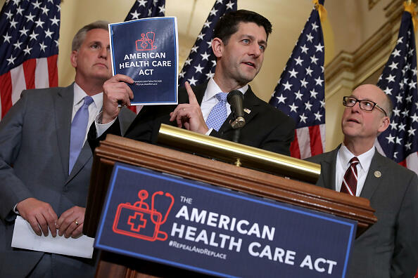 WASHINGTON, DC - MARCH 07:  Speaker of the House Paul Ryan (R-WI) (C) holds up a copy of the American Health Care Act during a news conference with House Majority Leader Kevin McCarthy (R-CA) (L) and House Energy and Commerce Committee Chairman Greg Walden (R-OR) outside Ryan's office in the U.S. Capitol March 7, 2017 in Washington, DC. The House Republican leadership's plan to repeal and replace Obamacare, the American Health Care Act is already facing opposition from conservatives in the House and Senate.  (Photo by Chip Somodevilla/Getty Images)