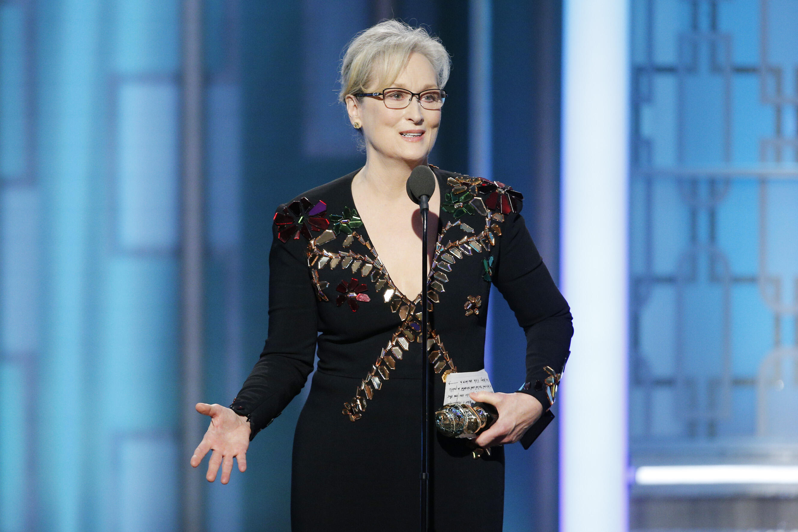 BEVERLY HILLS, CA - JANUARY 08: In this handout photo provided by NBCUniversal, Meryl Streep accepts  Cecil B. DeMille Award  during the 74th Annual Golden Globe Awards at The Beverly Hilton Hotel on January 8, 2017 in Beverly Hills, California. (Photo by