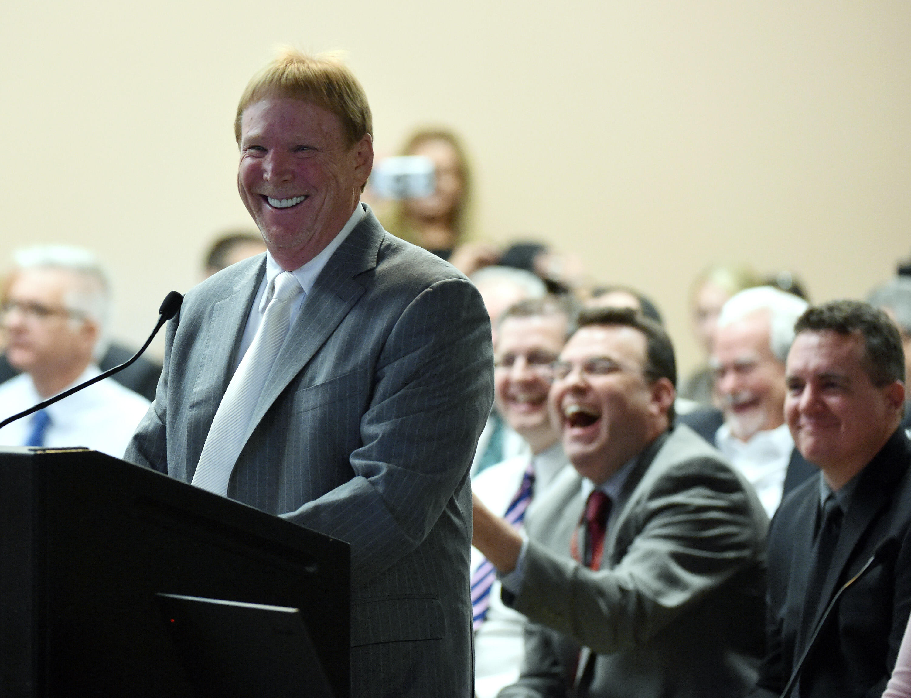 LAS VEGAS, NV - APRIL 28:  Oakland Raiders owner Mark Davis speaks during a Southern Nevada Tourism Infrastructure Committee meeting at UNLV on April 28, 2016 in Las Vegas, Nevada. Davis told the committee he is willing to spend USD 500 million as part of