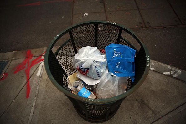 NEW YORK, NY - MAY 05: Plastic bags sits in a Manhattan trash can on May 05, 2016 in New York City. New York's City Council is scheduled to vote Thursday on a bill that would require most stores to charge five cents per bag in an effort to cut down on plastic waste. New York's sanitation department estimates that every year 10 billion bags are thrown in the trash.  (Photo by Spencer Platt/Getty Images)