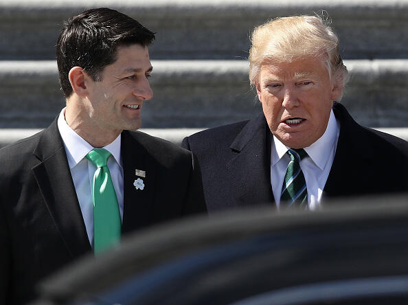 WASHINGTON, DC - MARCH 16:  U.S. President Donald Trump confers with U.S. Speaker of the House Paul Ryan (R-WI) following a luncheon celebrating St. Patrick's Day at the U.S. Capitol on March 16, 2017 in Washington, DC. Ryan and Trump continue efforts to find support in both the House and Senate for the American Health Care Act.  (Photo by Win McNamee/Getty Images)