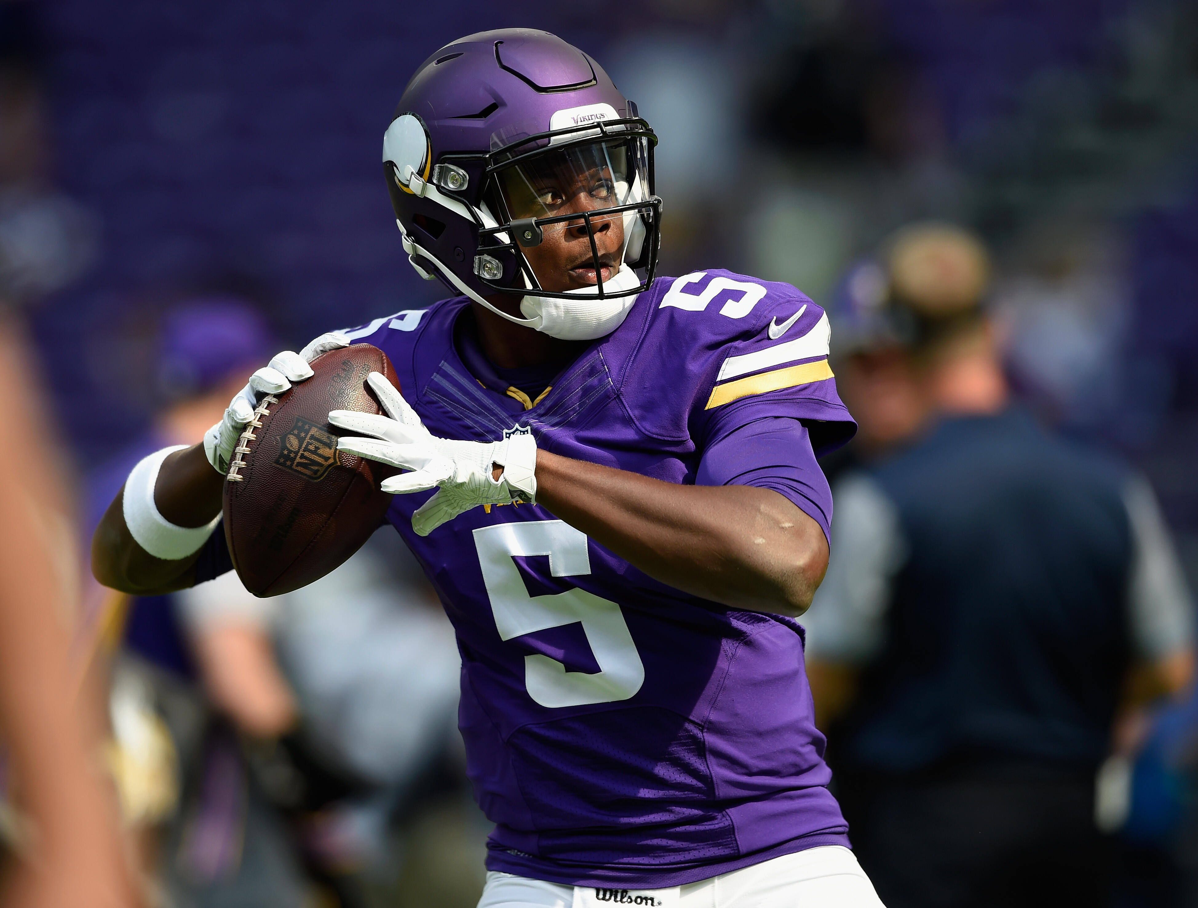 MINNEAPOLIS, MN - AUGUST 28: Teddy Bridgewater #5 of the Minnesota Vikings warms up before the game against the San Diego Chargers on August 28, 2016 at US Bank Stadium in Minneapolis, Minnesota. (Photo by Hannah Foslien/Getty Images)