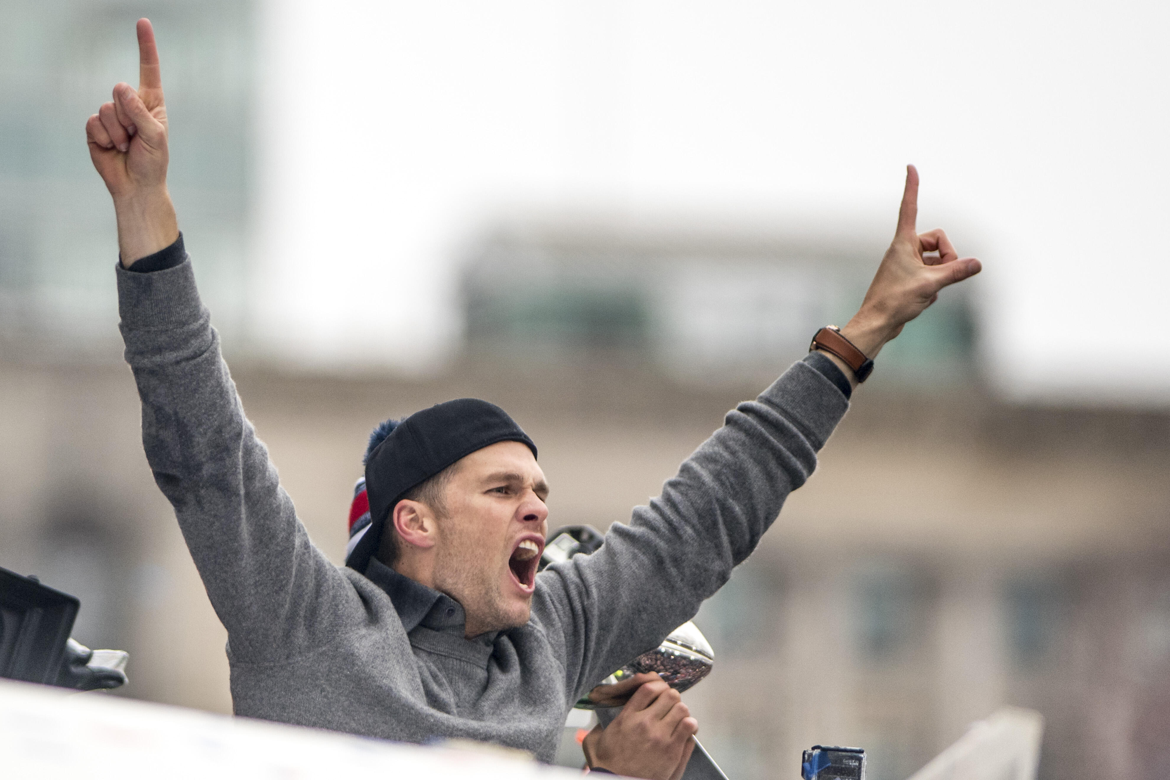 BOSTON, MA - FEBRUARY 07: Tom Brady of the New England Patriots celebrates during the Super Bowl victory parade on February 7, 2017 in Boston, Massachusetts. The Patriots defeated the Atlanta Falcons 34-28 in overtime in Super Bowl 51. (Photo by Billie We