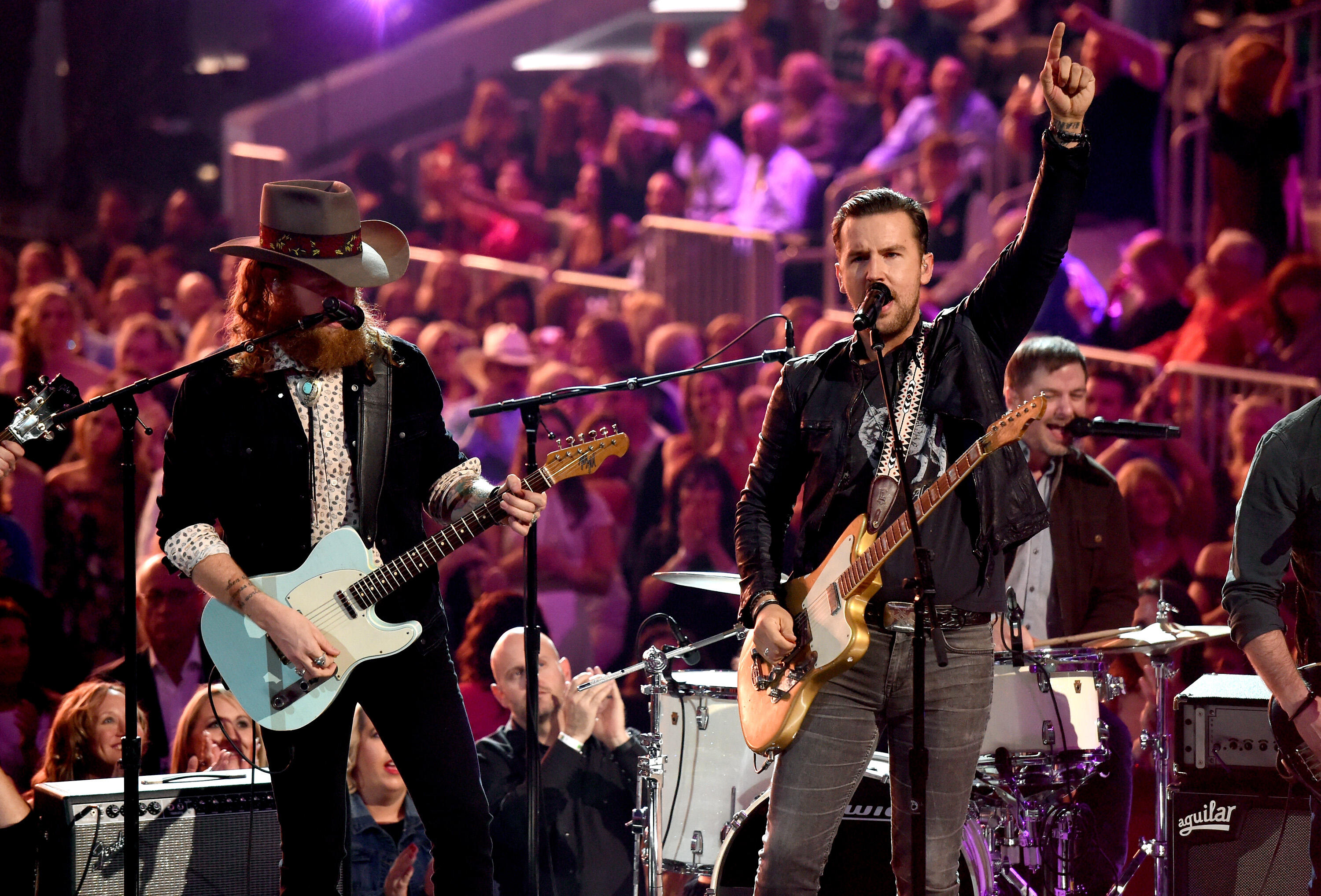 LAS VEGAS, NV - APRIL 02:  Musicians John Osborne (L) and T.J. Osborne of the music group Brothers Osborne perform onstage during the 52nd Academy Of Country Music Awards at T-Mobile Arena on April 2, 2017 in Las Vegas, Nevada.  (Photo by Ethan Miller/Get