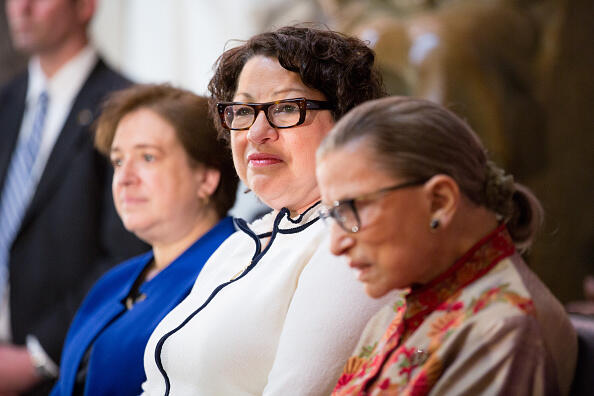 WASHINGTON, DC - MARCH 18: (L-R) U.S. Supreme Court justices Elena Kagan, Sonia Sotomayor and Ruth Bader Ginsburg, participate in an annual Women's History Month reception hosted by Democratic House Leader Nancy Pelosi in the U.S. capitol building on Capitol Hill in Washington, D.C.  This year's event honored the women Justices of the U.S. Supreme Court: Associate Justices Ruth Bader Ginsburg, Sonia Sotomayor, and Elena Kagan. (Photo by Allison Shelley/Getty Images)