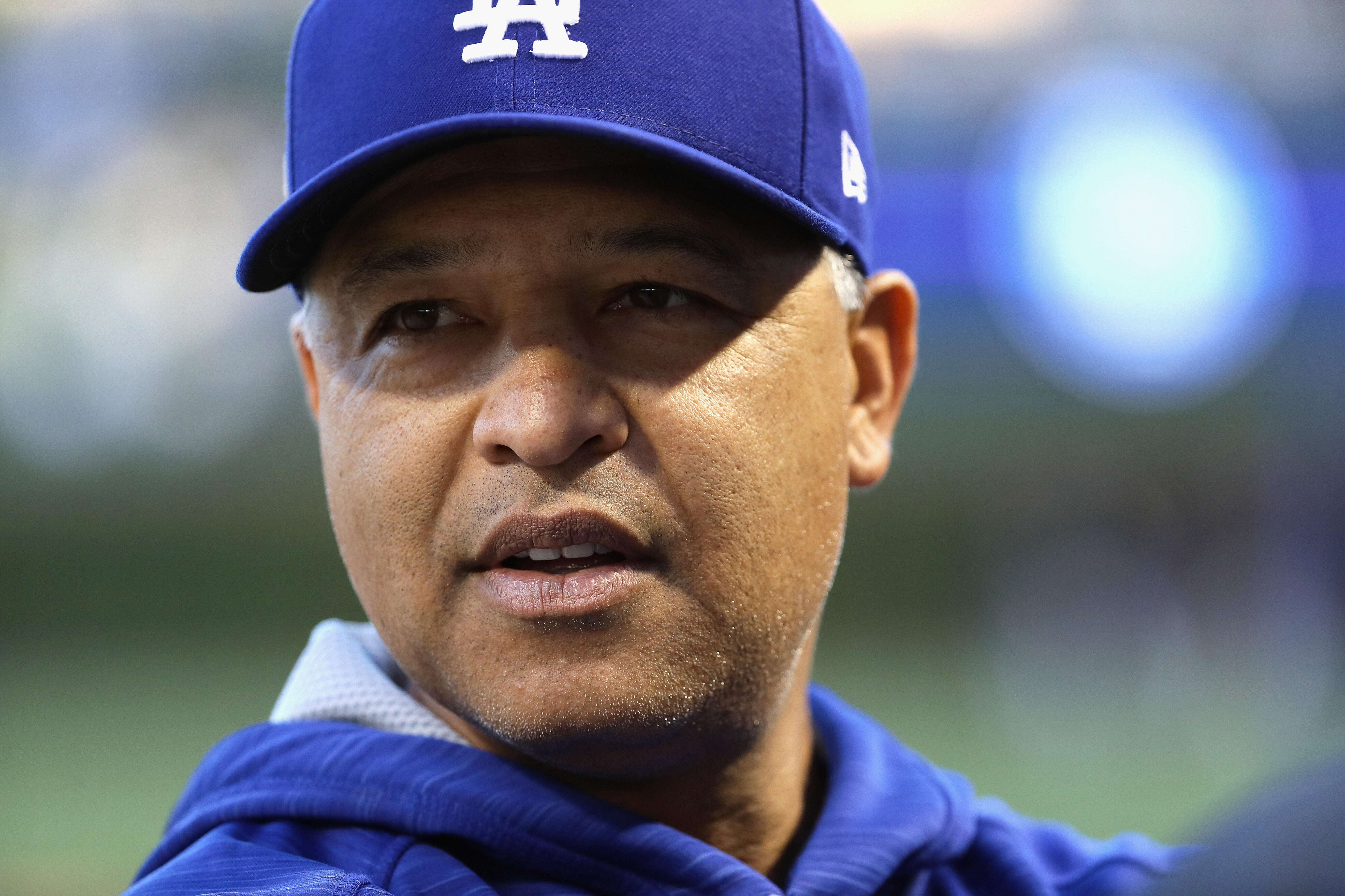 CHICAGO, IL - OCTOBER 22:  Manager Dave Roberts of the Los Angeles Dodgers looks on prior to game six of the National League Championship Series against the Chicago Cubs at Wrigley Field on October 22, 2016 in Chicago, Illinois.  (Photo by Jonathan Daniel