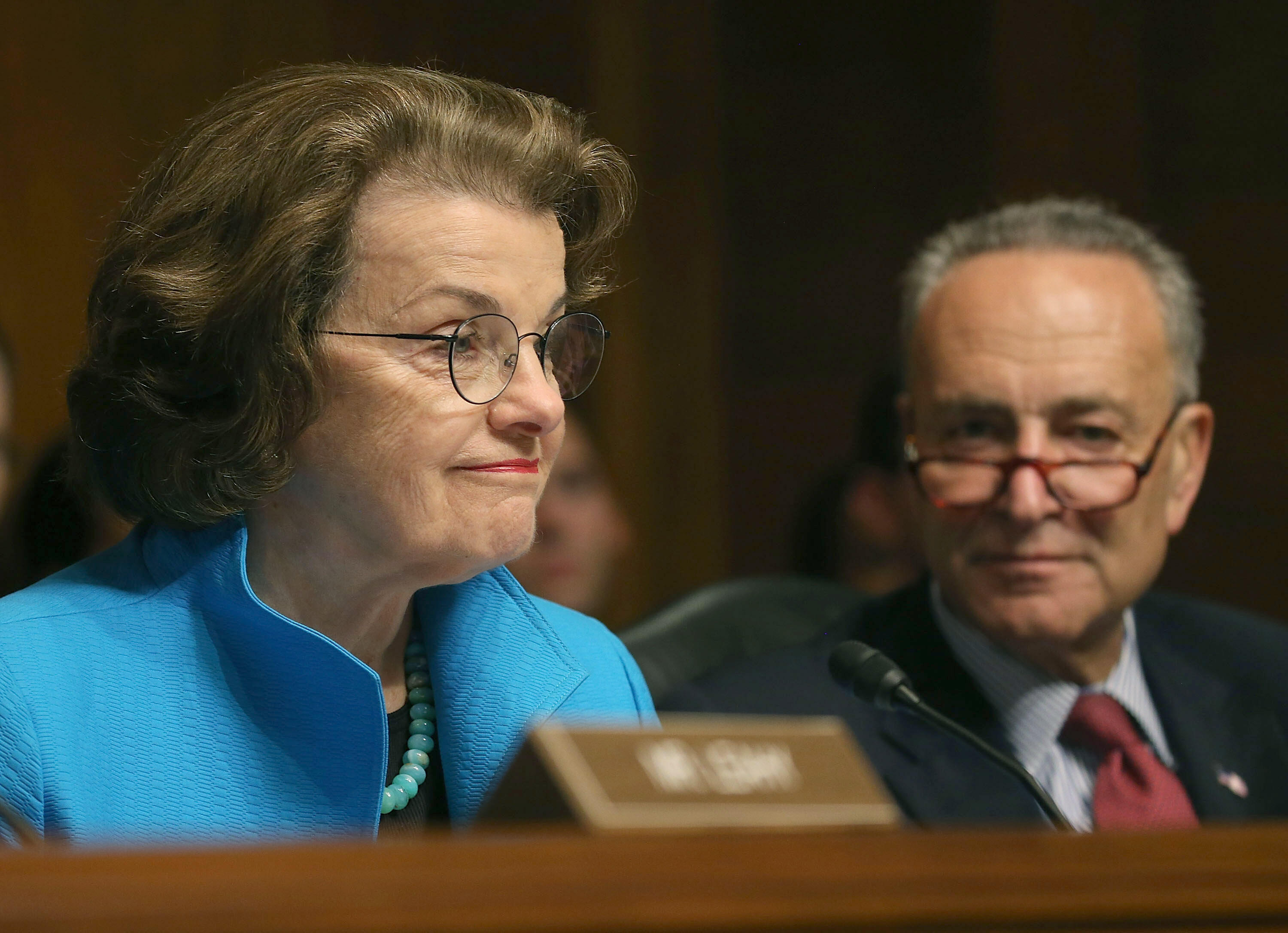 WASHINGTON, DC - JULY 08: Sen. Dianne Feinstein (D-CA) (L) and Sen. Chuck Schumer (D-NY) participate in a Senate Judiciary Committee hearing on Capitol Hill, July 8, 2015 in Washington, DC. The committee was hearing testimony on encryption technology, and