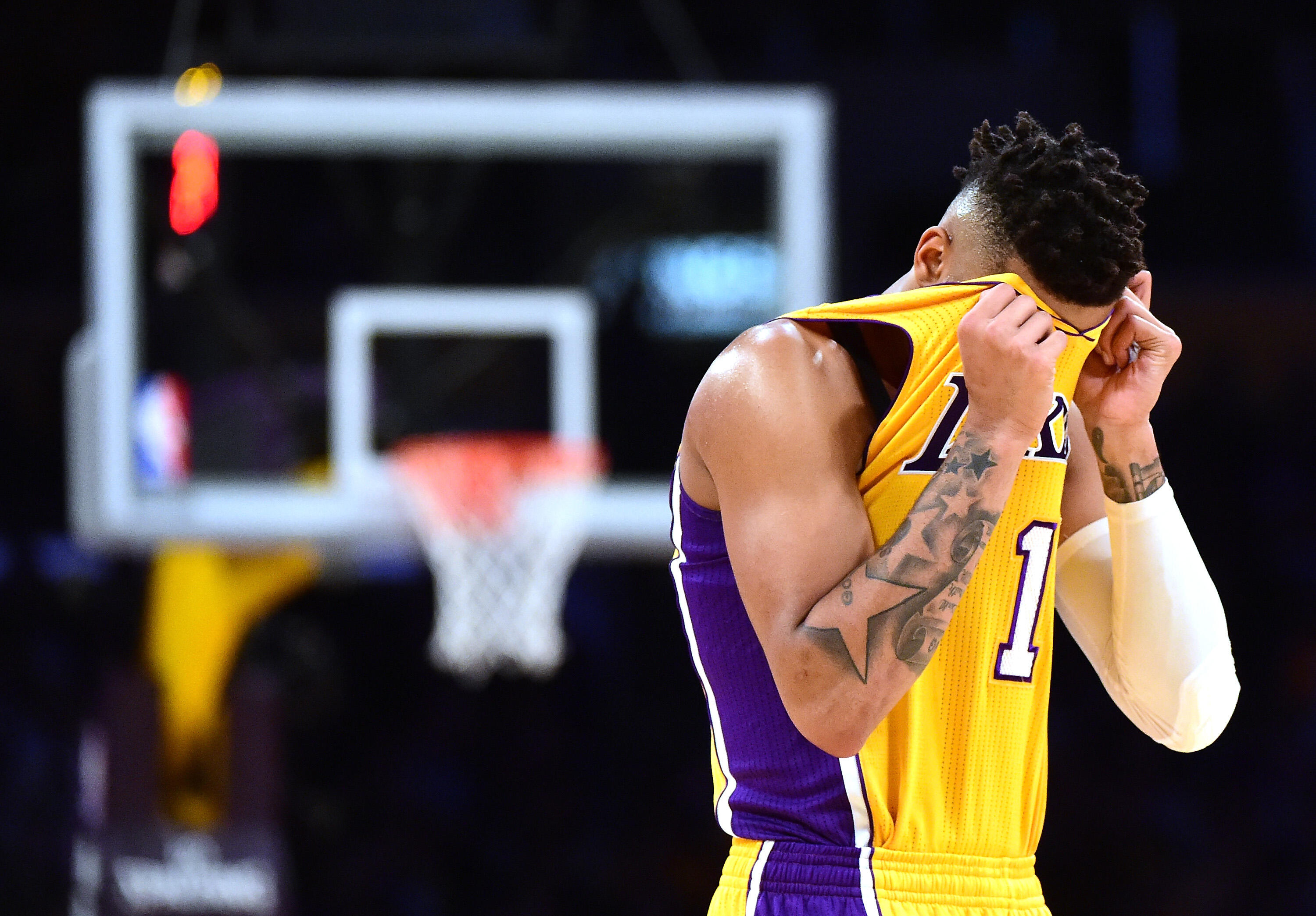 LOS ANGELES, CA - OCTOBER 26:  D'Angelo Russell #1 of the Los Angeles Lakers reacts during the first half  against the Houston Rockets at Staples Center on October 26, 2016 in Los Angeles, California.  NOTE TO USER: User expressly acknowledges and agrees 