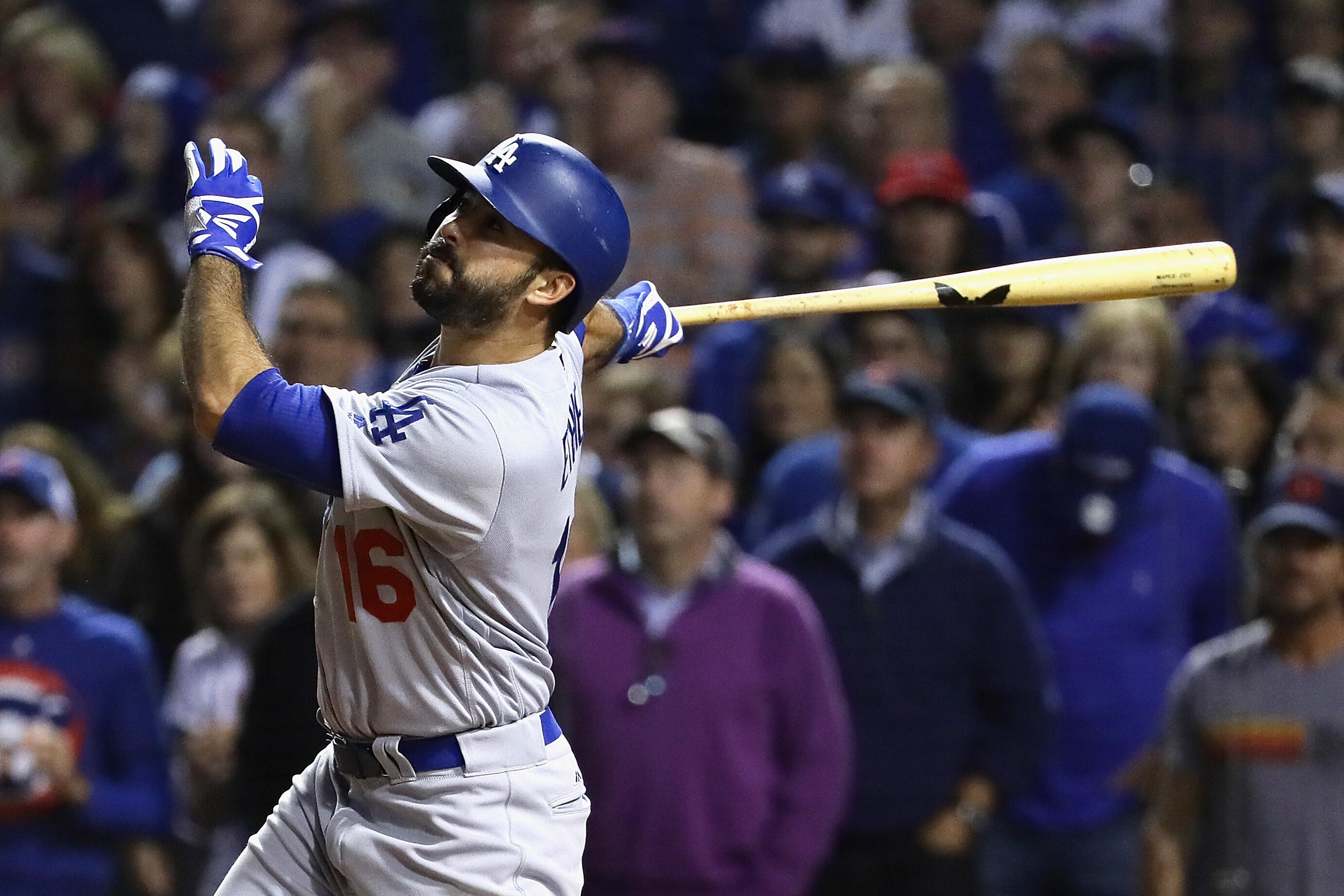 CHICAGO, IL - OCTOBER 15:  Andre Ethier #16 of the Los Angeles Dodgers hits a solo home run in the fifth inning against the Chicago Cubs during game one of the National League Championship Series at Wrigley Field on October 15, 2016 in Chicago, Illinois. 