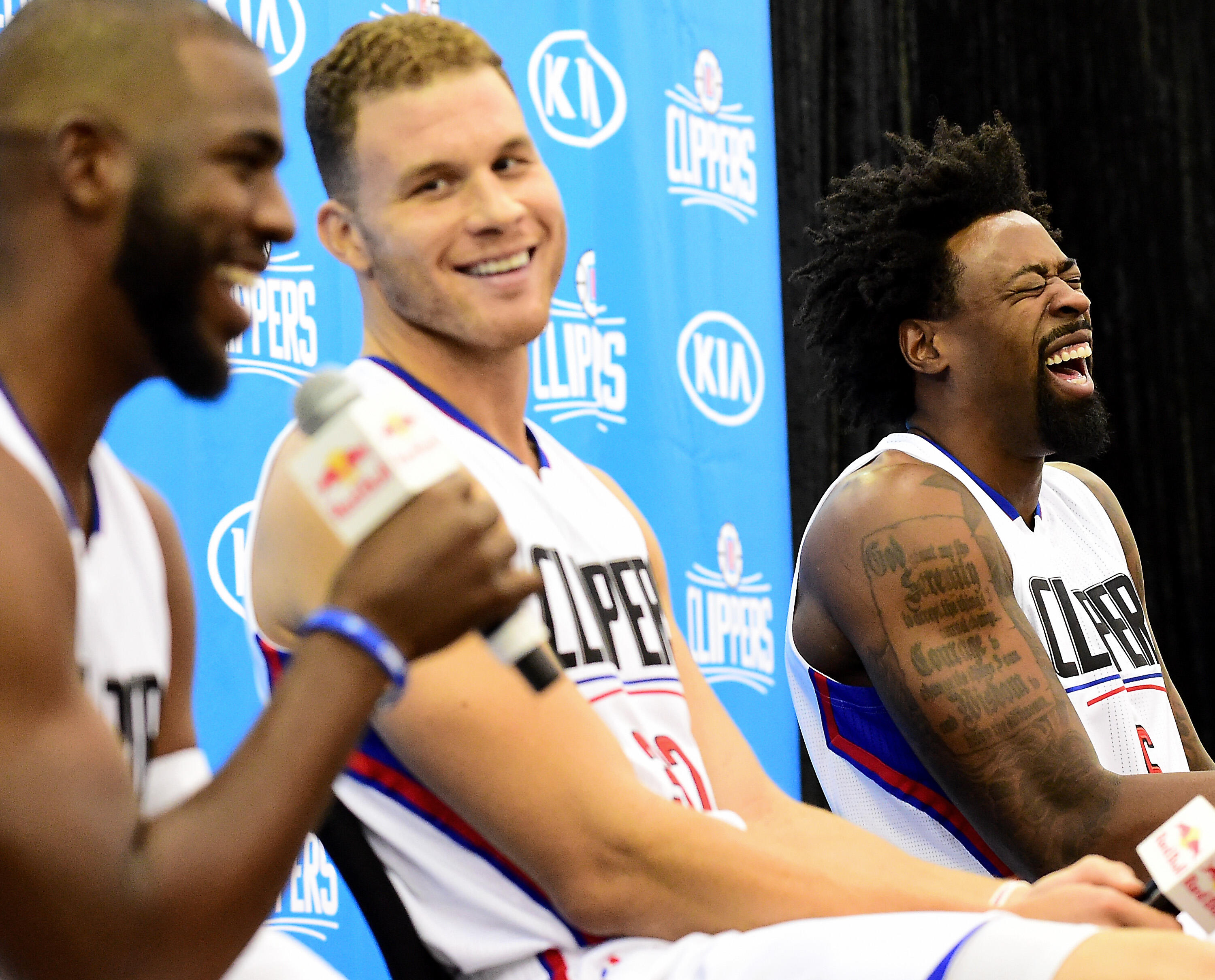 PLAYA VISTA, CA - SEPTEMBER 26:  Chris Paul #3 of the Los Angeles Clippers, Blake Griffin #32 and DeAndre Jordan #6 share a laugh during media day at the Los Angeles Clippers Training Center on September 26, 2016 in Playa Vista, California.  NOTE TO USER: